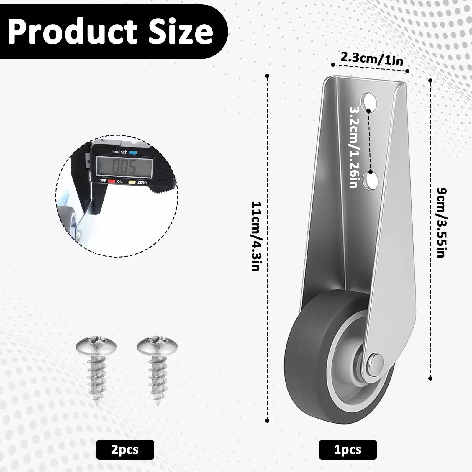 Gate Caster Wheels Replacement For Doors And Furniture Sinking Bottom Pulley Directional Wheel with dimensions and screws displayed.