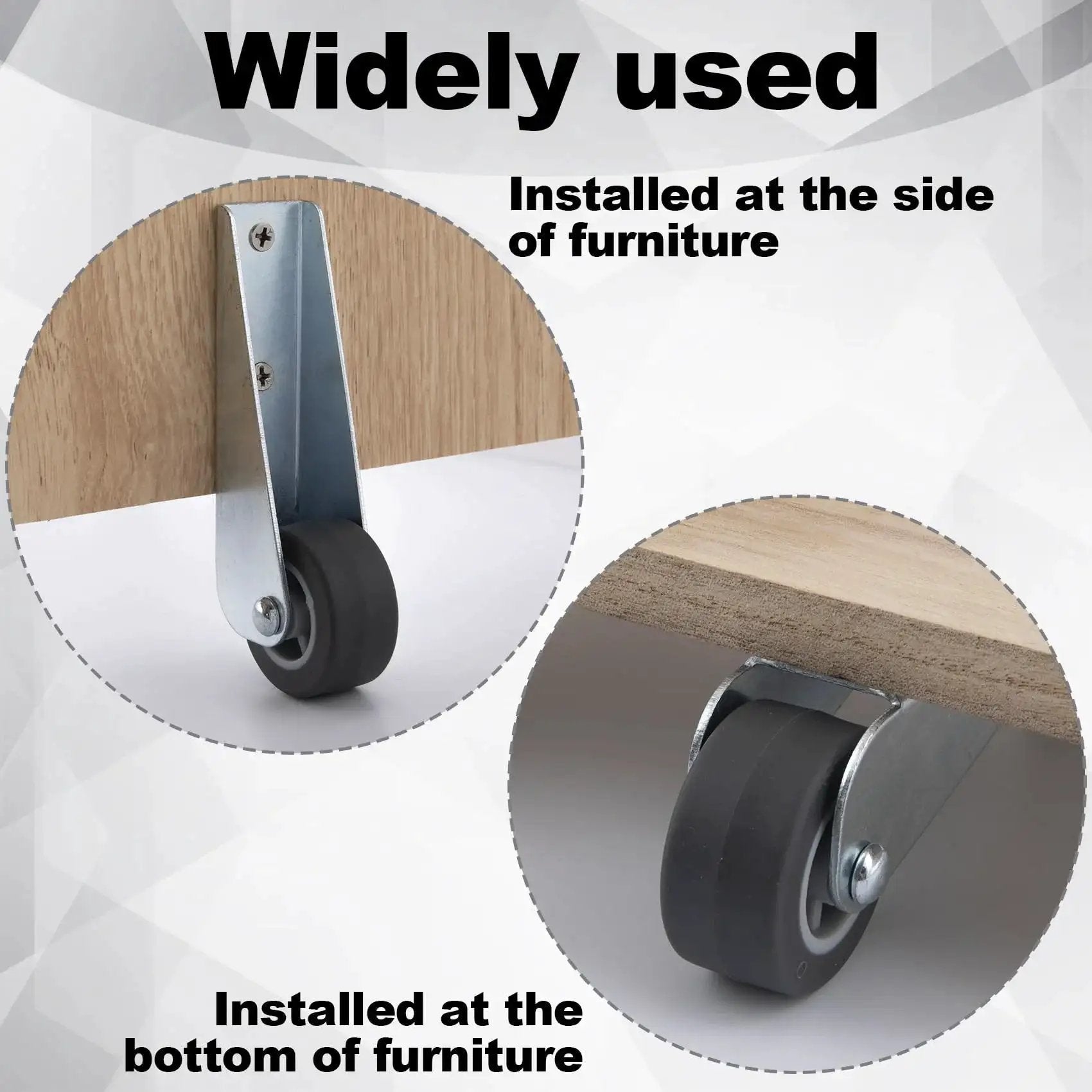 Two Pack Gate Caster Wheels Replacement 1.6 Inch Rubber Rolling Swivel Casters installed on wood furniture