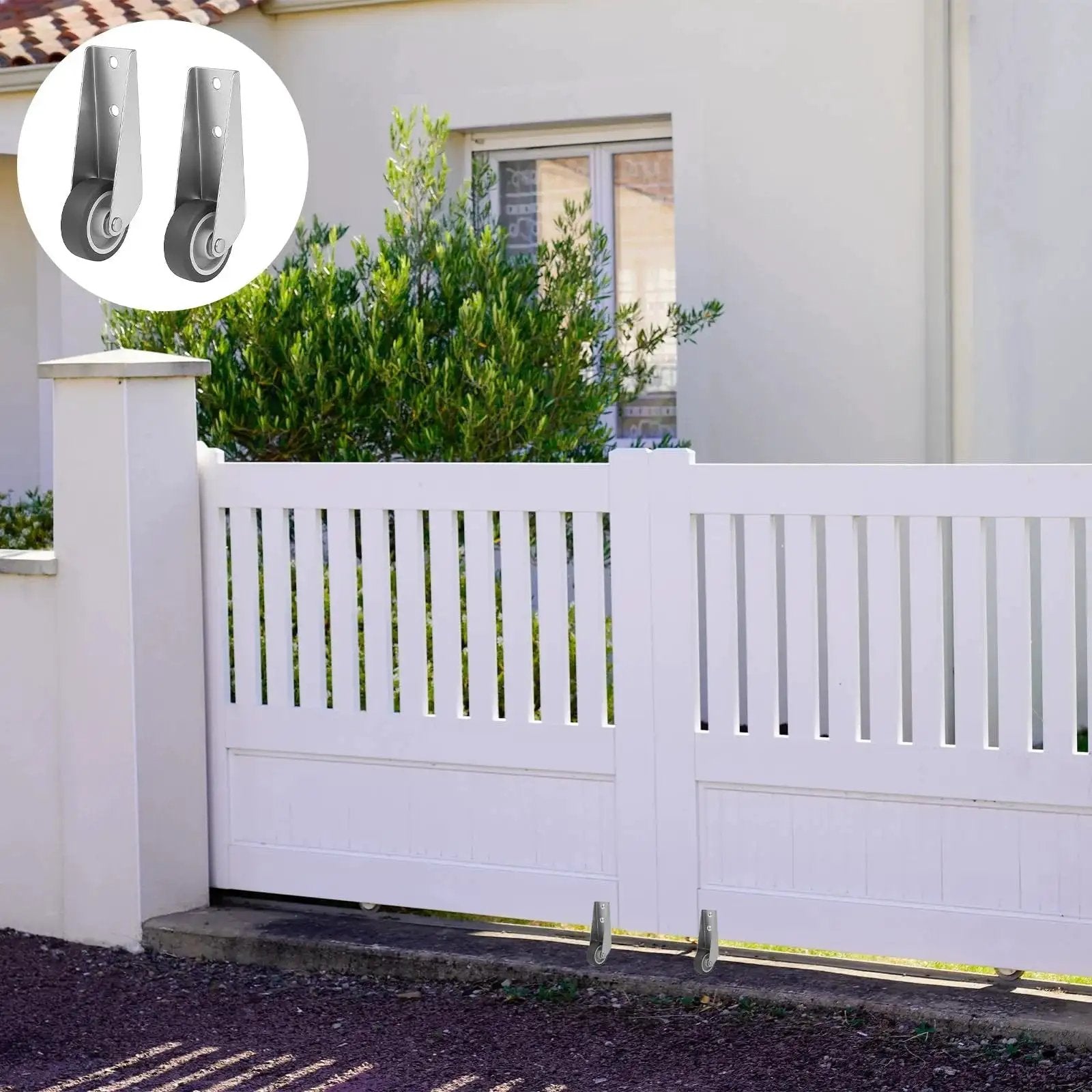 Gate Caster Wheels Replacement Set With Sinking Door Bottom Pulley on white garden gate, showing rubber swivel casters in use.