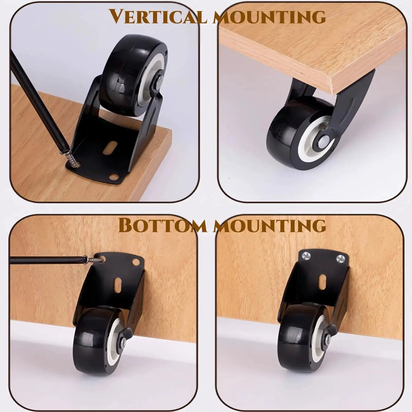 2 Pcs Gate Caster Wheels Replacement Anti Friction Gate Caster Anti Sag Door Bottom Support Wheels 2 Inch Silent Caster Wheels Replacement For Garden Gates Furniture And Outdoor Use shown in vertical and bottom mounting on wood