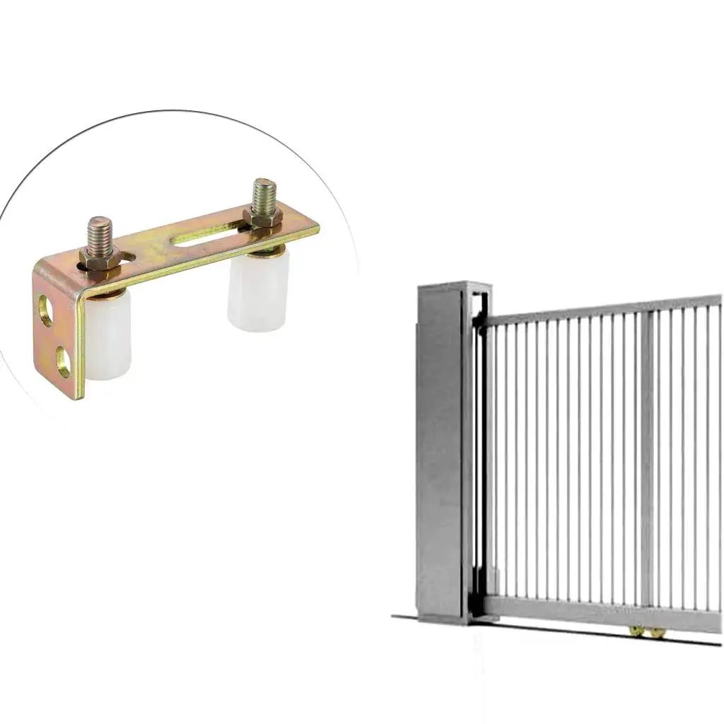 Slide Gate Guide Roller With L Post Bracket, Adjustable Dual Nylon Rollers for Sliding Gates, shown next to a metal gate, galvanized steel construction