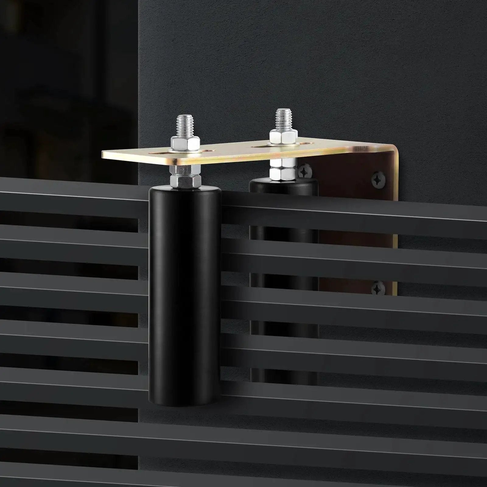 Sliding Gate Kit 6 Inch Gate Hardware With L Bracket Universal Adjustable Gate Rollers Heavy Duty Black Gate Guide Roller For Sliding Gates And Rolling Doors Rust Resistant Steel And Wear Resistant Nylon Bearings installed on gate