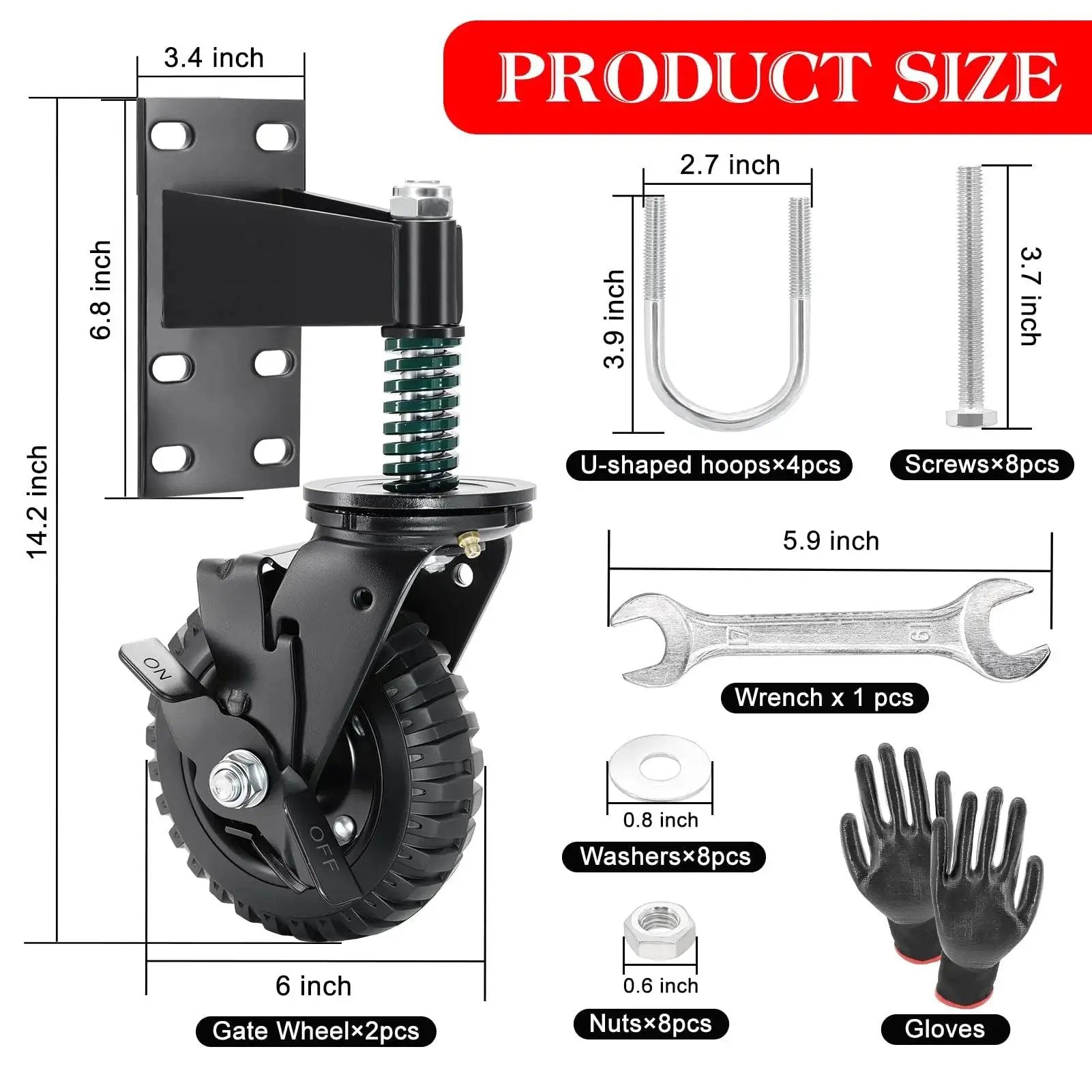 Two Pack 6 Inch Fence Gate Wheels With Brake For Metal Or Wood Gates Heavy Duty Gate Casters Sliding Hardware 500 Pound Capacity 360 Degree Rotation Spring Loaded Includes Mounting Hardware And Gloves, showing product dimensions and included accessories.