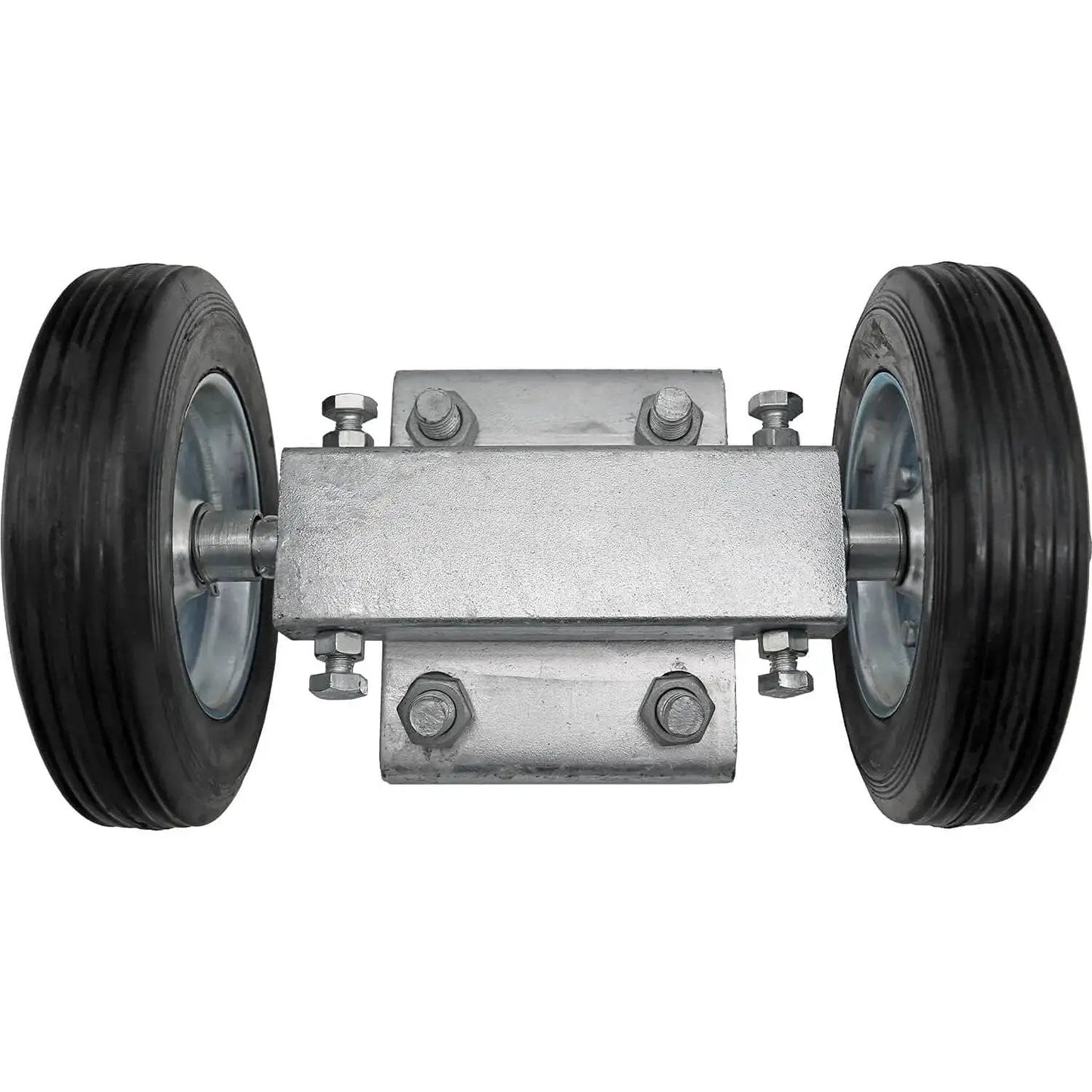 Rolling Gate Wheel Carrier 6 Inch For Chain Link Fences And Sliding Gates With 2 Hard Rubber Wheels Adjustable Carrier For Straight Gate Run Solid Axle And Ridged Carrier Frame Galvanized Steel Bracket Residential Gate Parts 7 Inch Wheel To Wheel Span