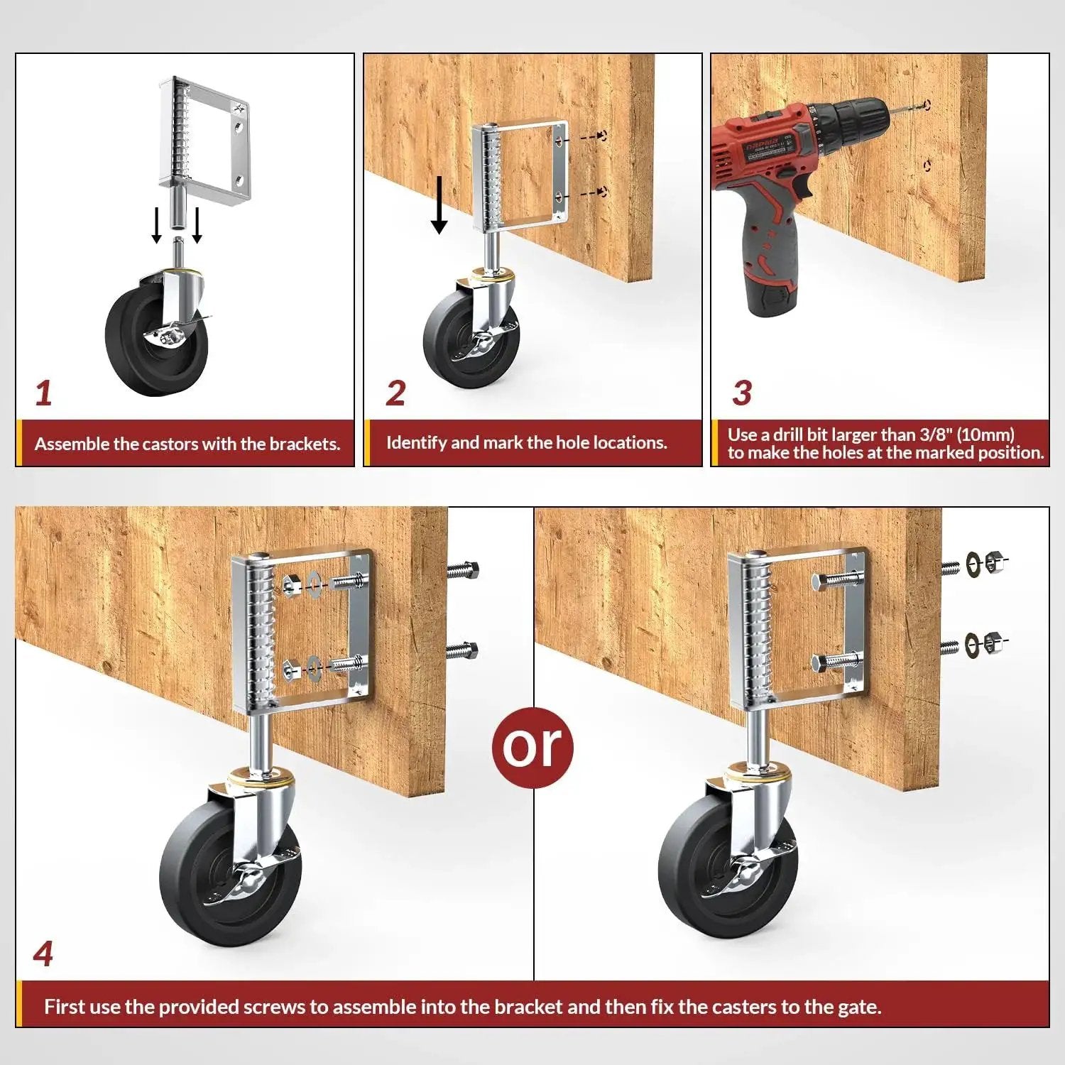 Installation steps of gate wheels with side brake and zinc plated brackets for farm yard gates and barn doors.