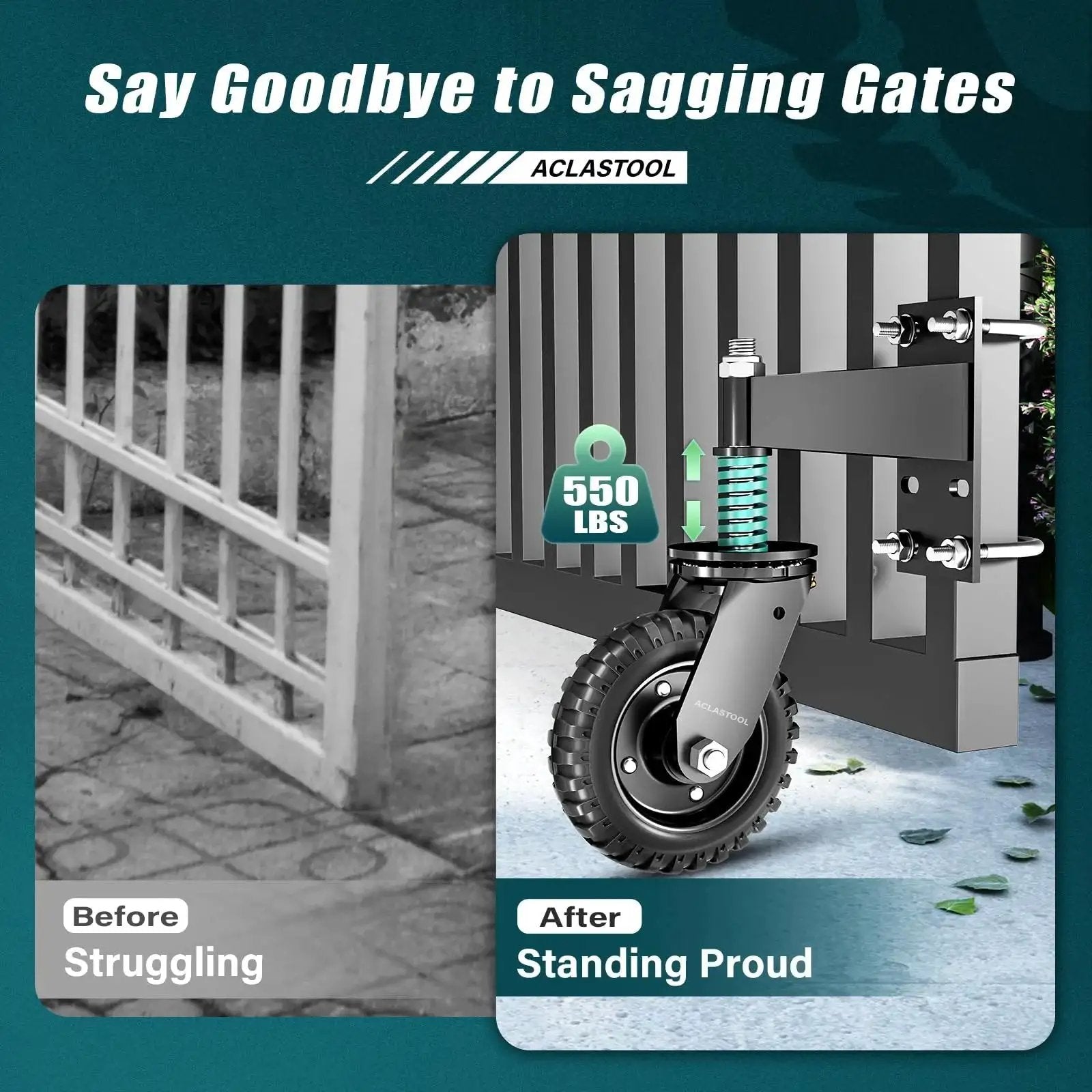 Heavy Duty Gate Wheel With 6 Inch Wheel Diameter, Spring Loaded Caster For Metal Tube And Large Wooden Gates, 550 Lb Capacity, Black