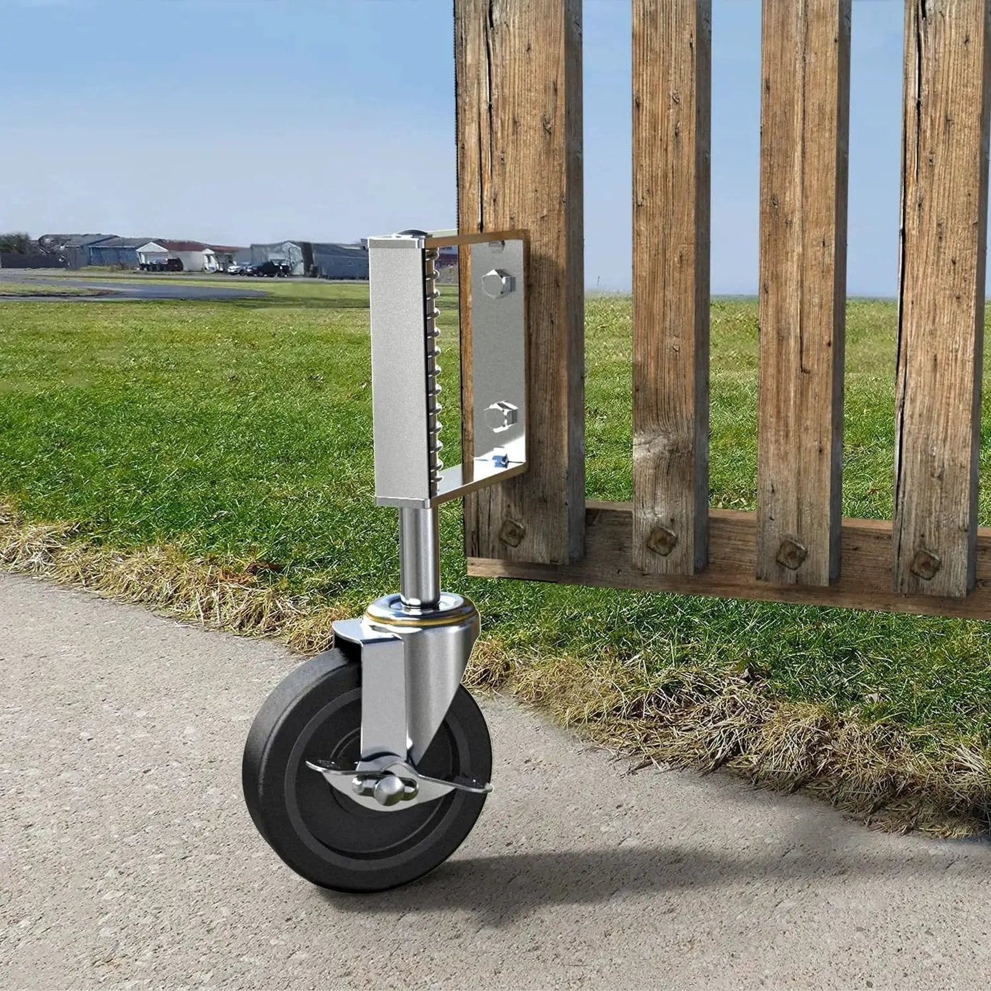 Gate Wheels With Side Brake For Farm Yard Gates And Barn Doors Spring Loaded Gate Casters With 220 Lbs Load Capacity Zinc Plated Steel Brackets And Durable TPR Wheels Locking Side Brake For Secure Position And Smooth Outdoor Use installed on wooden gate