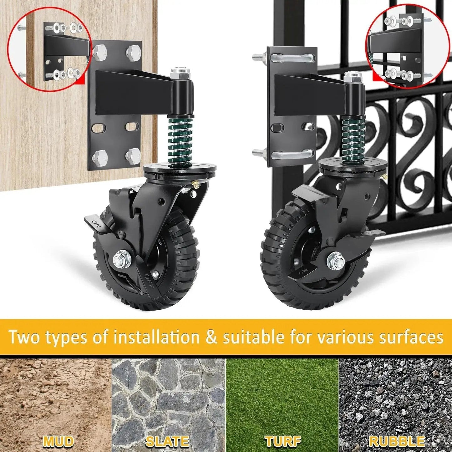 Two Pack 6 Inch Fence Gate Wheels With Brake For Metal Or Wood Gates Heavy Duty Gate Casters Sliding Hardware 500 Pound