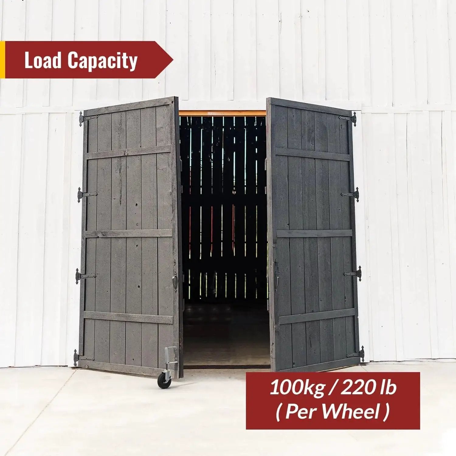 Gate wheels with side brake for farm yard gates and barn doors spring loaded gate casters with 220 lbs load capacity in use