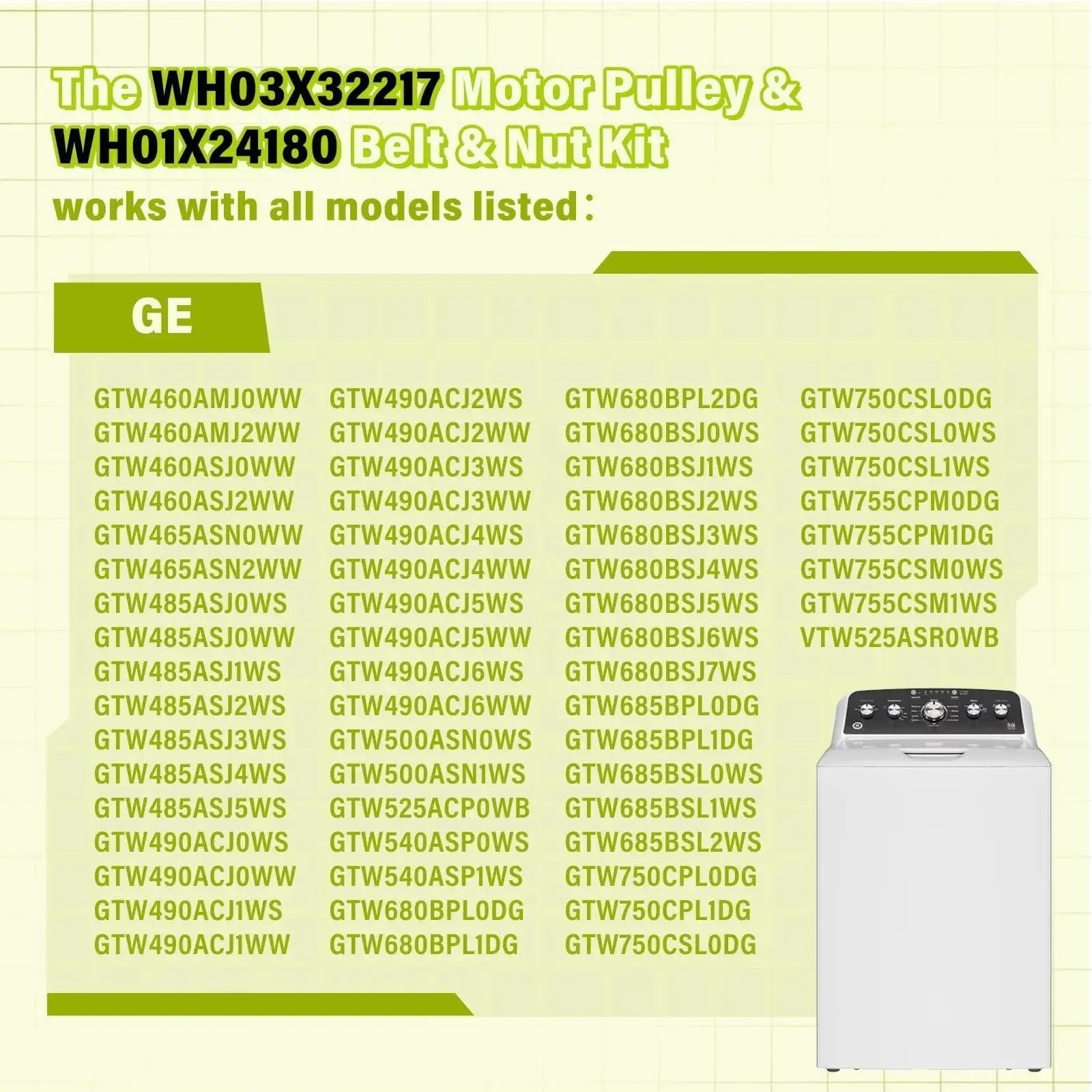 Washer Motor Pulley And Belt Kit One Half HP With Nut For GE Models Replacement Part 4975025 4455970 WH03X32217 WH01X24180 list