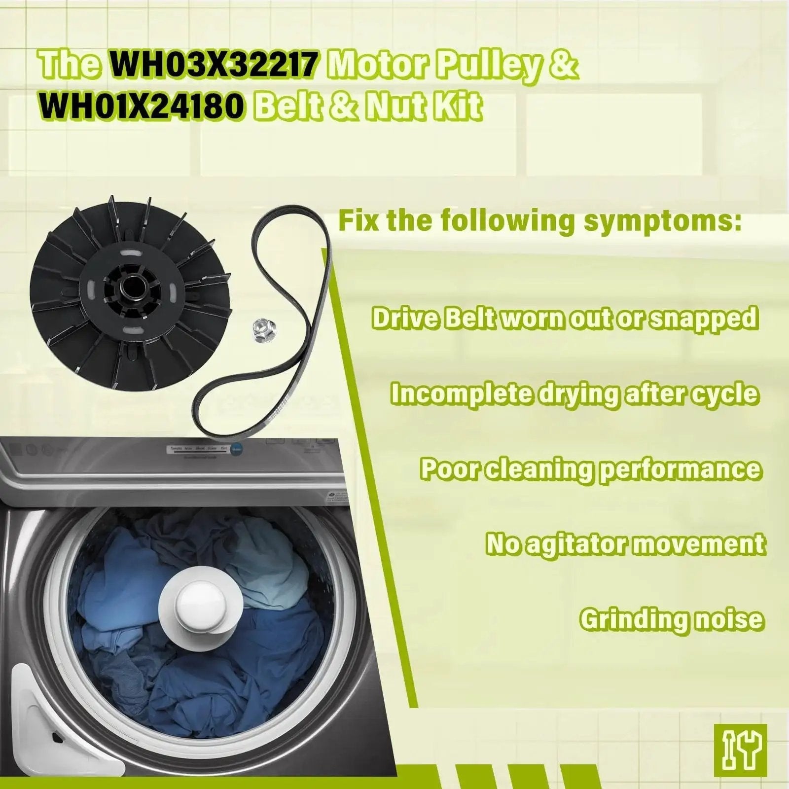 Washer Motor Pulley And Belt Kit One Half HP With Nut For GE Models Replacement Part 4975025 4455970 WH03X32217 WH01X24180