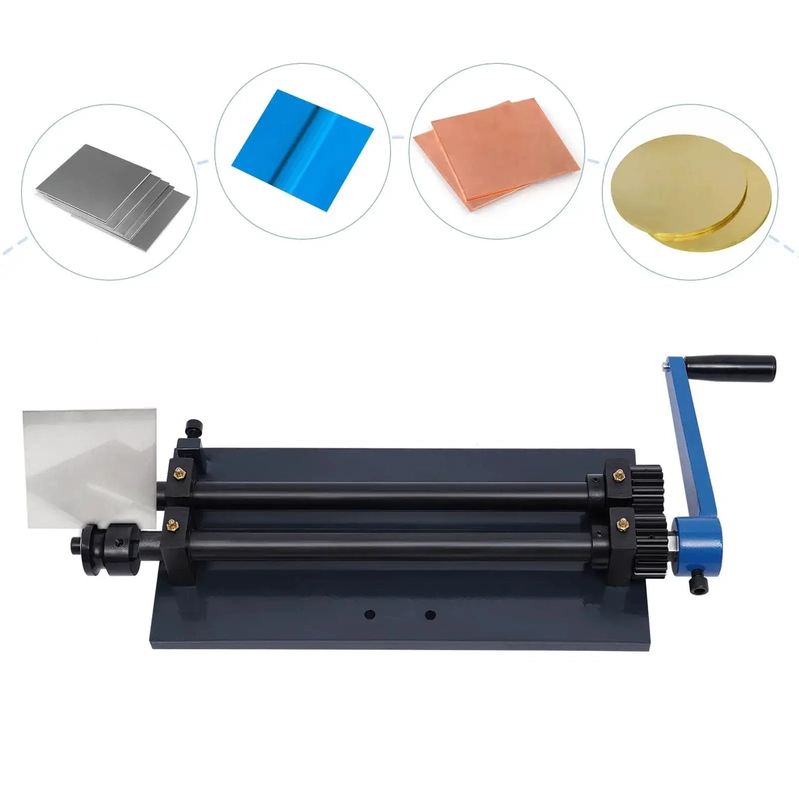 12 Inch Gear Drive Bead Roller Machine With Bench Mount Manual Bending 6 Dies Kit for metal sheets and vehicle pans, front view.