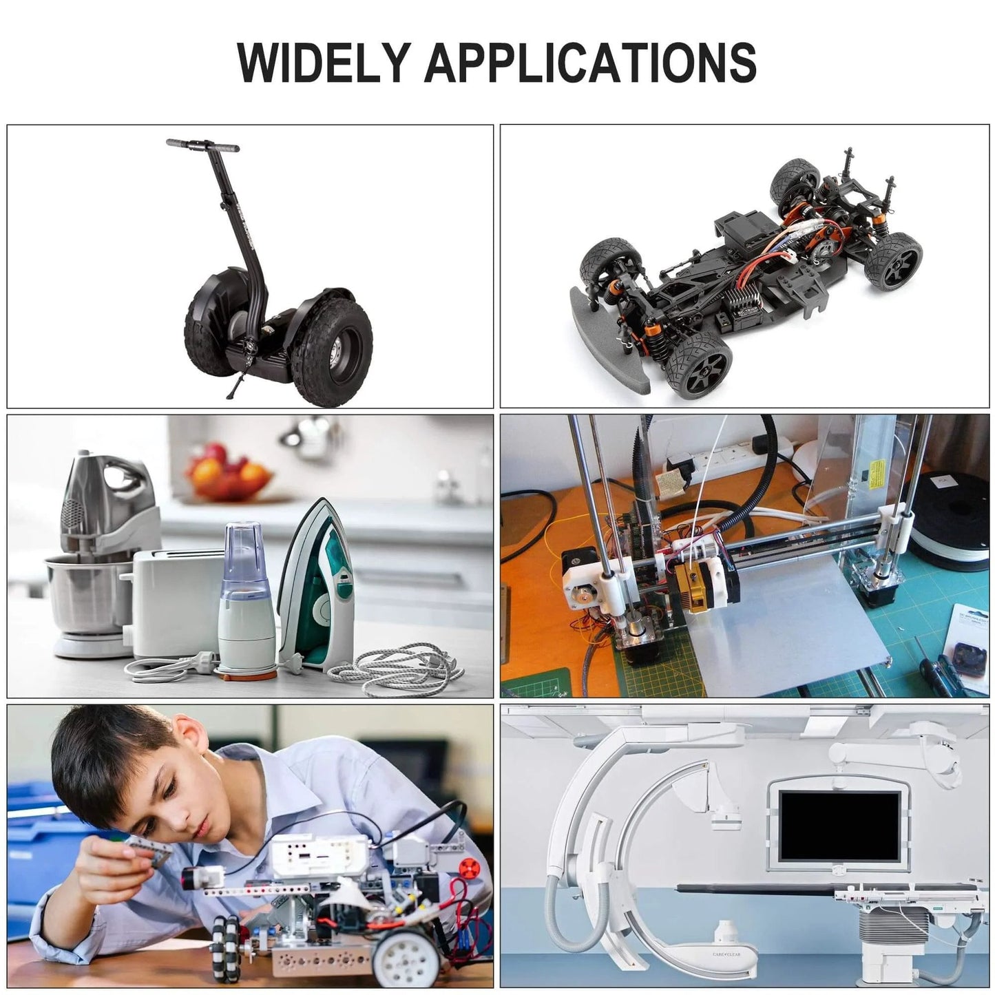 Various applications of 12V DC High Speed 300RPM Gear Motor with Encoder for Arduino and 3D Printers in robotics and electronics.