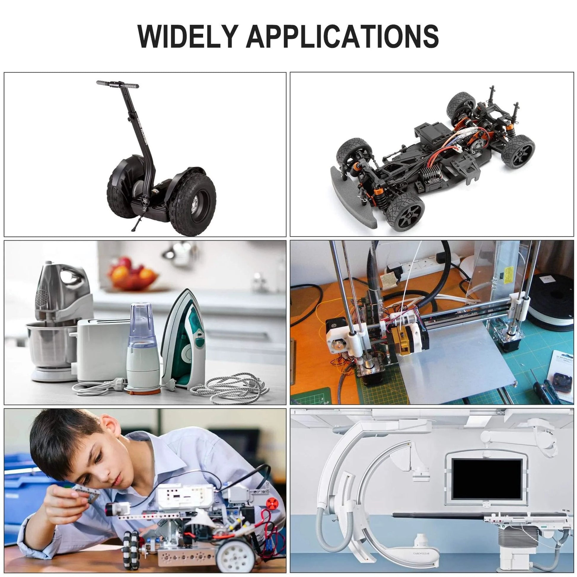 Various applications of 12V DC High Speed 300RPM Gear Motor with Encoder for Arduino and 3D Printers in robotics and electronics.