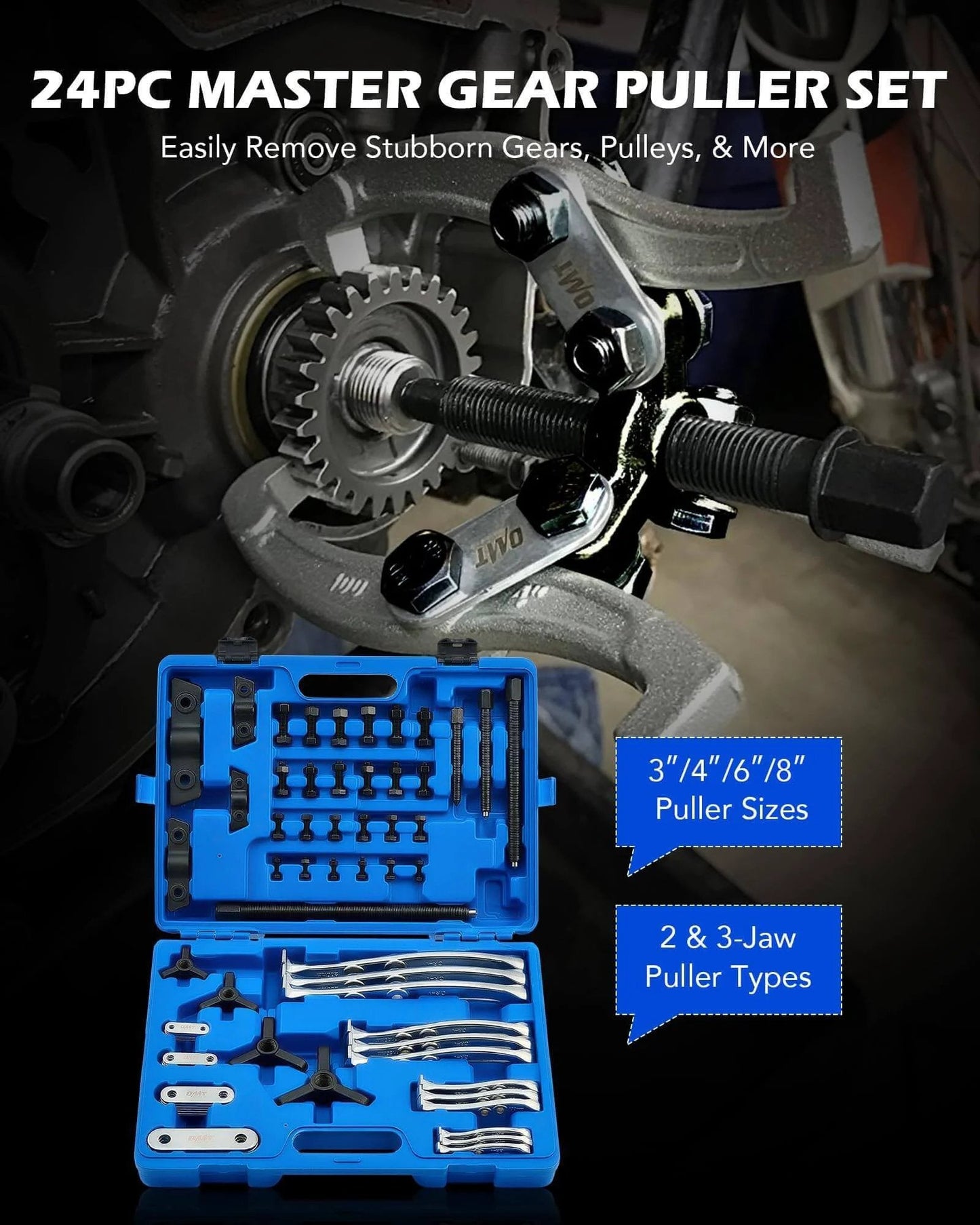Gear Puller Set, 3" 4" 6" 8" Bearing Puller Kit, 24pc 2 Jaw & 3 Jaw Gear Puller in use on machinery with storage case
