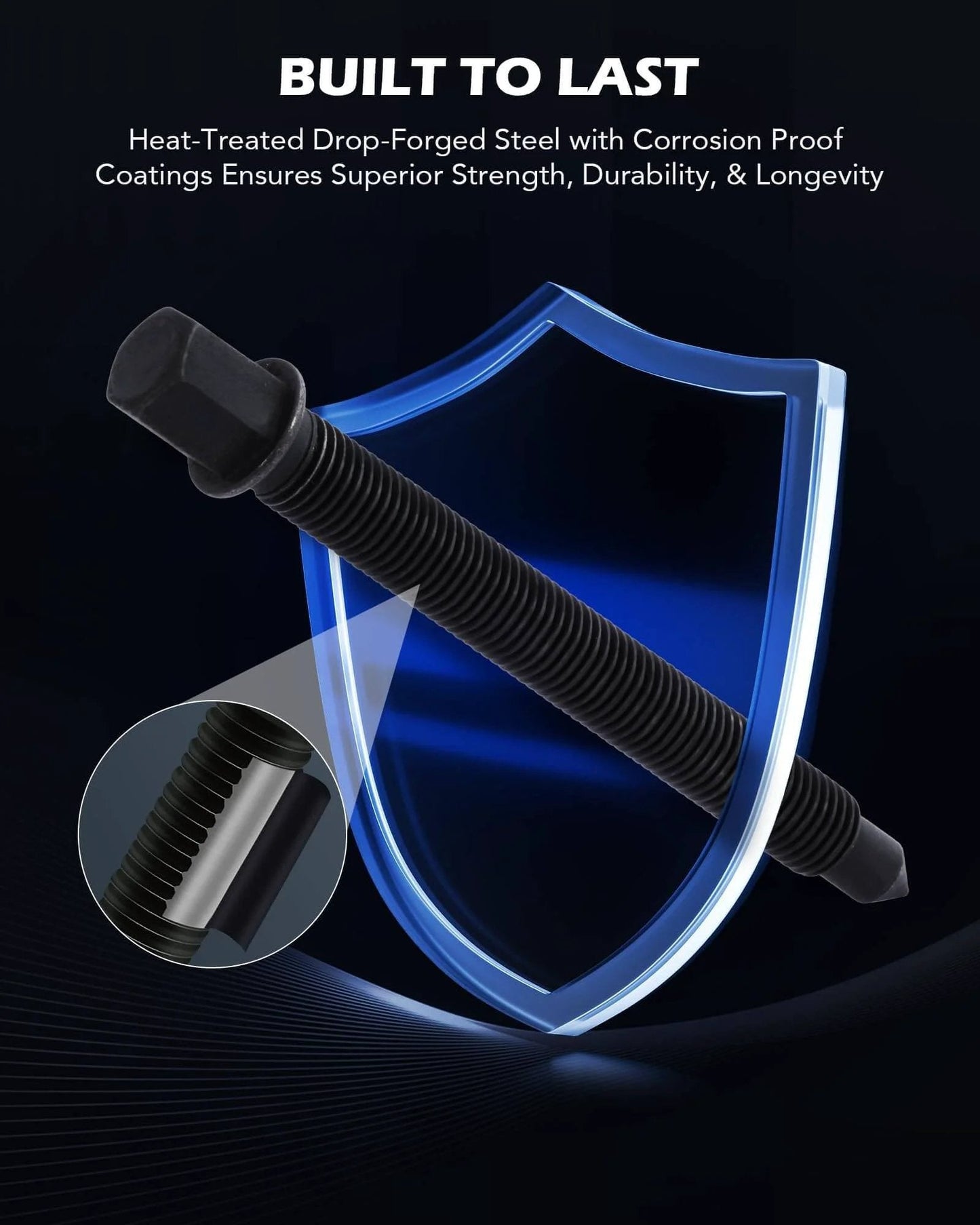 Gear Puller Set bolt detail against graphic shield, showcasing durability and corrosion-resistant material