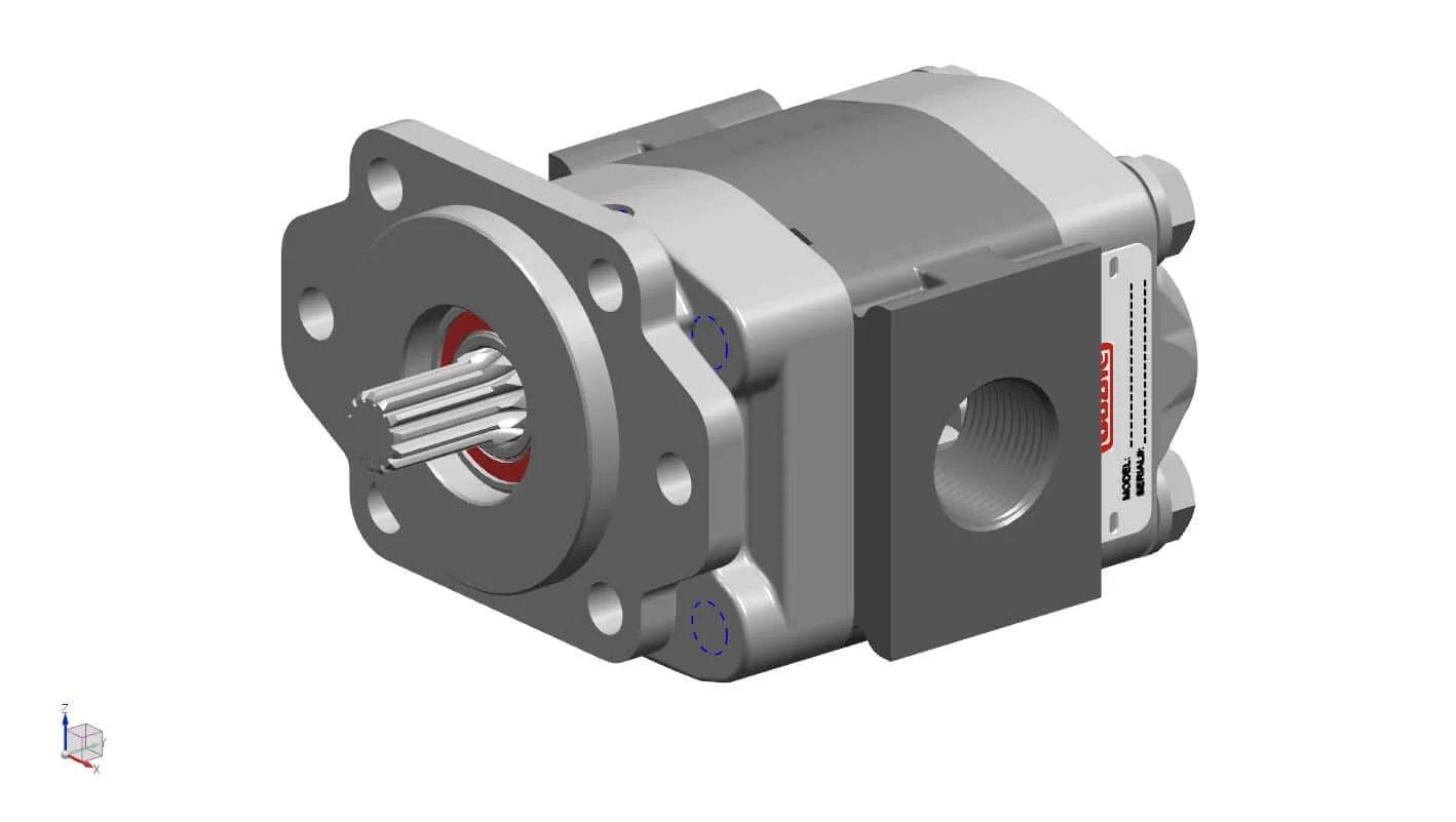 Buzile Gear Pump Motor BGM20A846QUYL20-25 Replacement P21A646QUYL20-25 side view with visible drive shaft and ports.