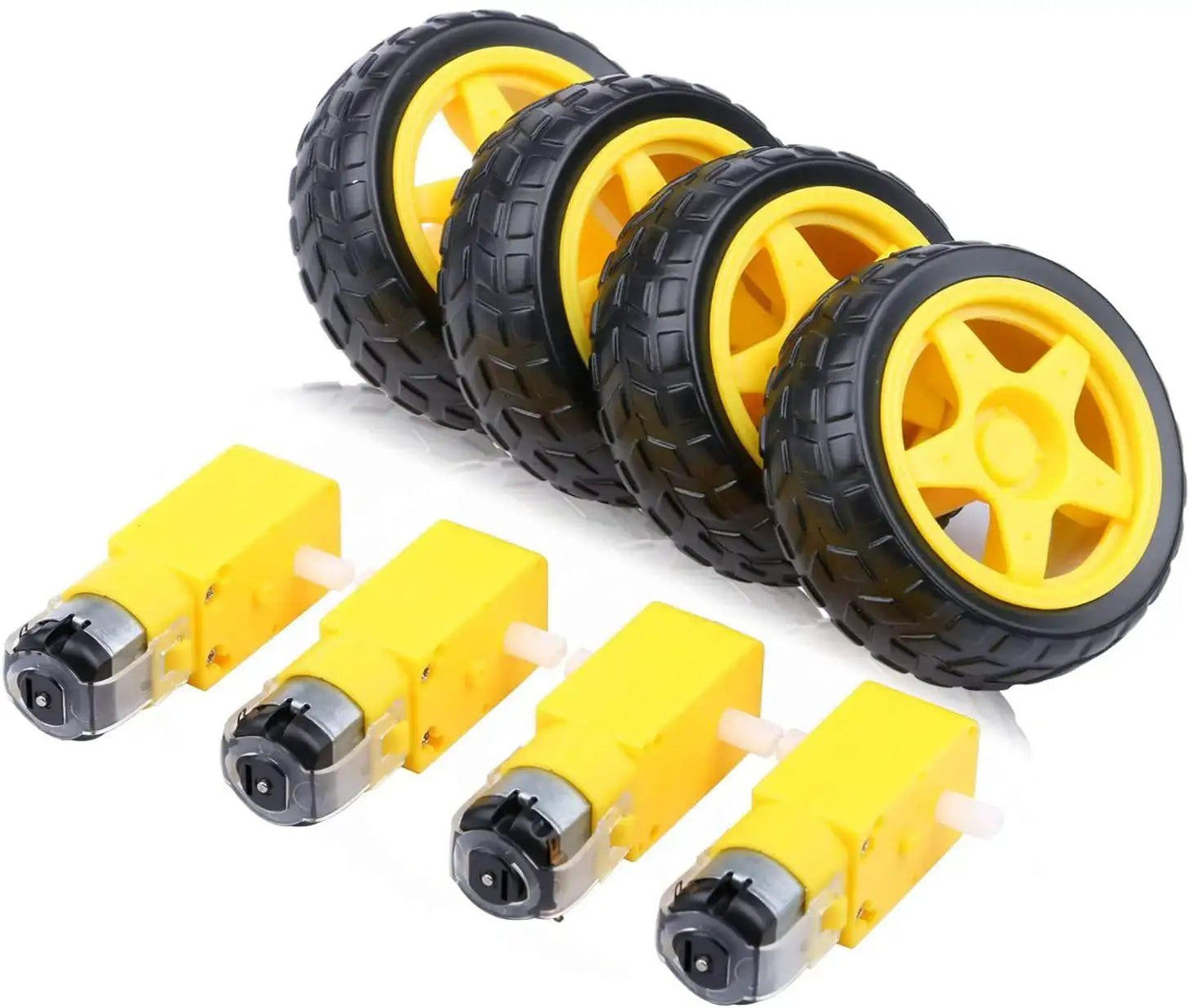 Geared DC Motor 3V To 12V For Four Wheel Drive Toy Cars And Robotics DIY Kit with four yellow motors and tire wheels