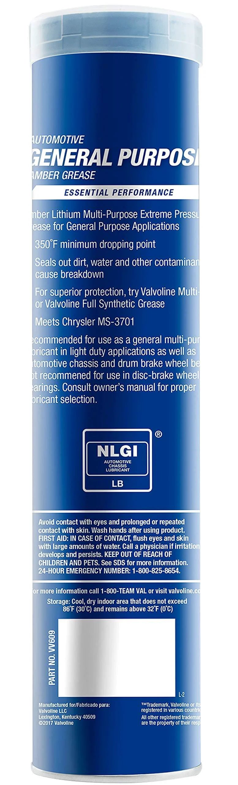 Side view of Valvoline General Purpose Amber Grease 14.1 OZ Cartridge, Case of 10, in a blue cylinder container.
