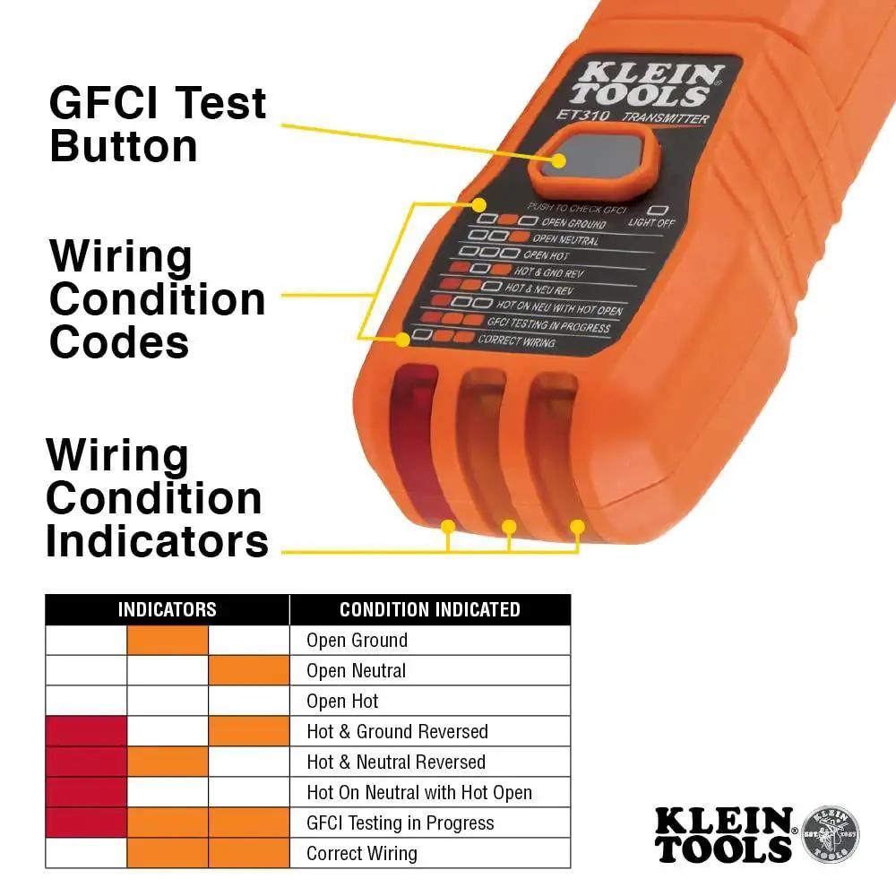 ET310KIT AC Circuit Breaker Finder Kit with Transmitter and Receiver showing GFCI test button, wiring condition codes, and indicators.