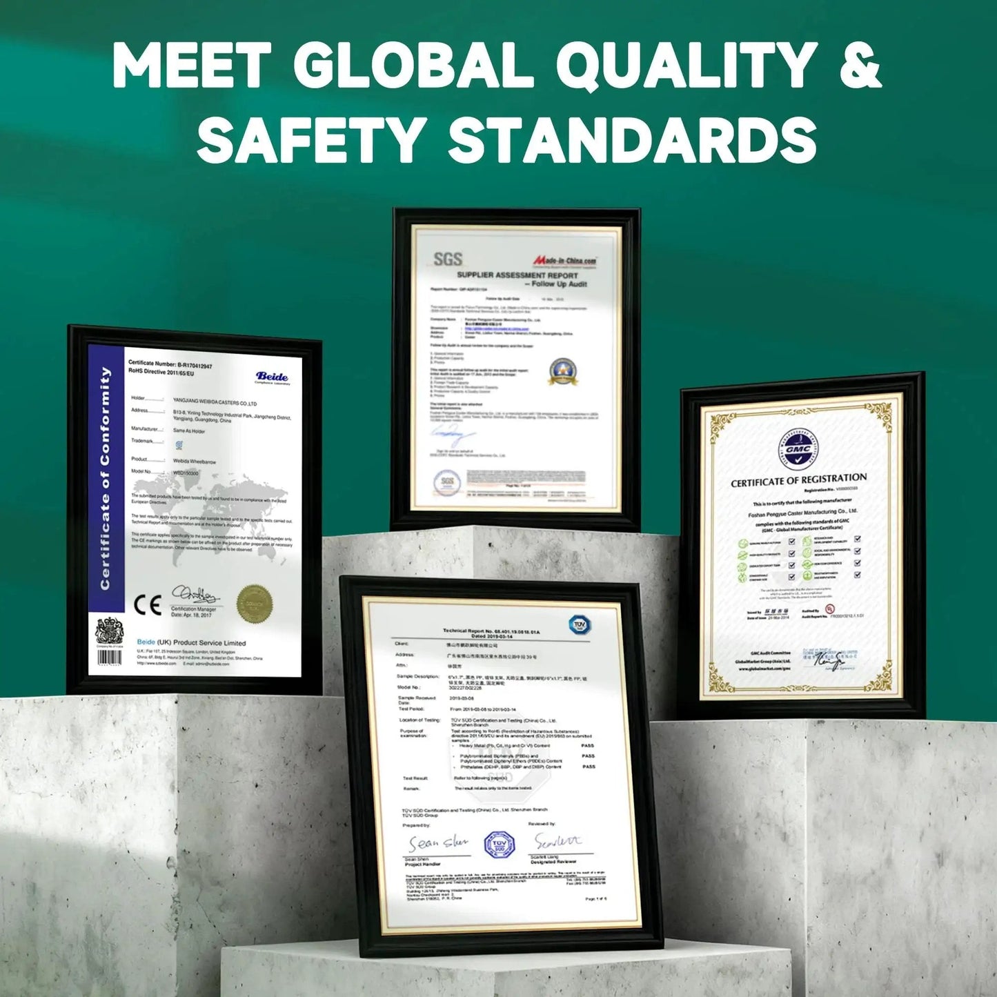 Framed global quality and safety standard certificates displayed on concrete pedestals.