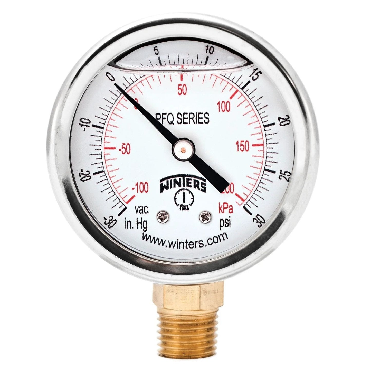 Industrial Glycerin Filled Pressure Gauge With Brass Internals And 304 Stainless Steel Case, Two And A Half Inch Dial, Dual Scale From Thirty Inch Hg To Thirty Psi And KPa, Quarter Inch NPT Bottom Mount, One Point Five Percent Accuracy, Pressure And, front view of gauge