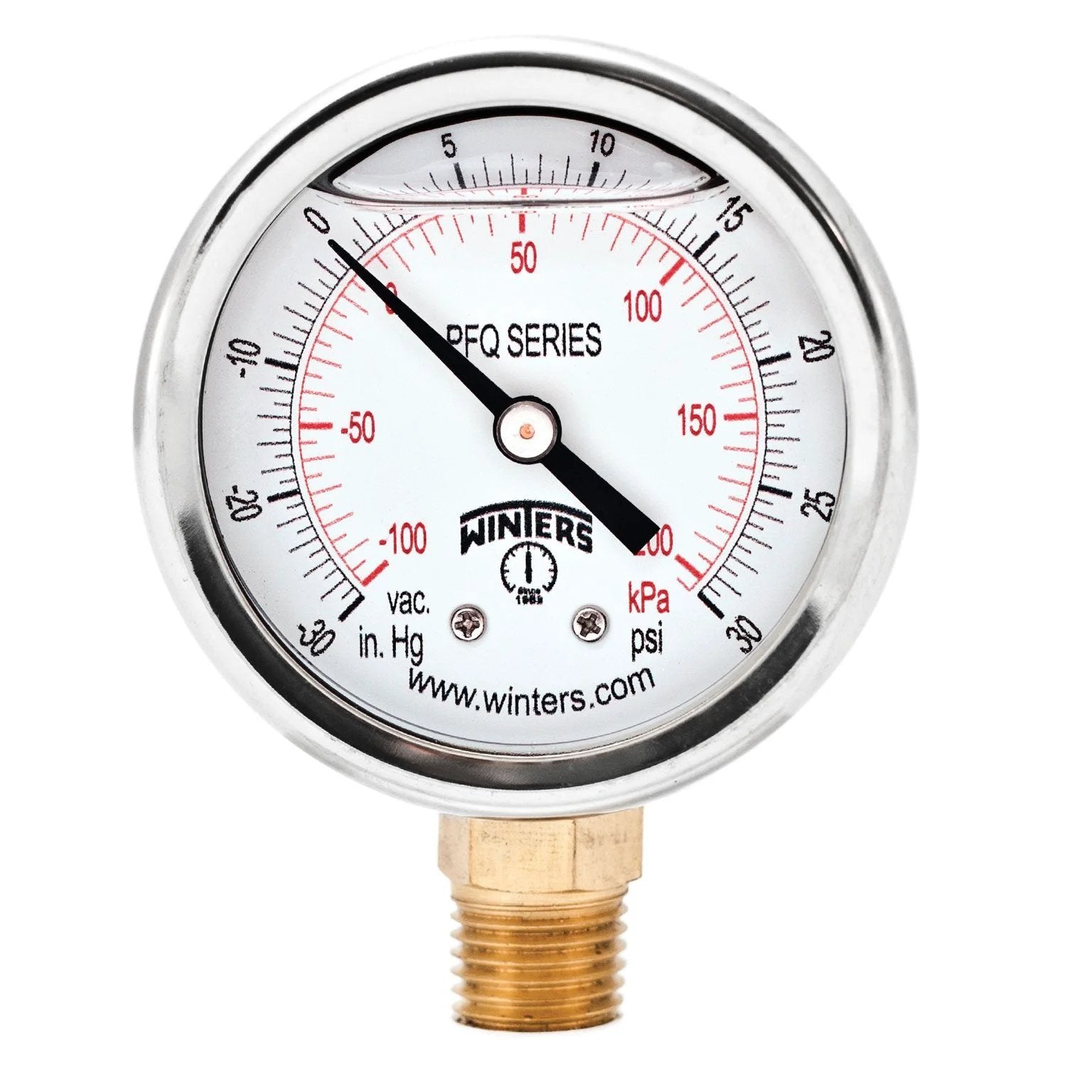 Industrial Glycerin Filled Pressure Gauge With Brass Internals And 304 Stainless Steel Case, Two And A Half Inch Dial, Dual Scale From Thirty Inch Hg To Thirty Psi And KPa, Quarter Inch NPT Bottom Mount, One Point Five Percent Accuracy, Pressure And, front view of gauge