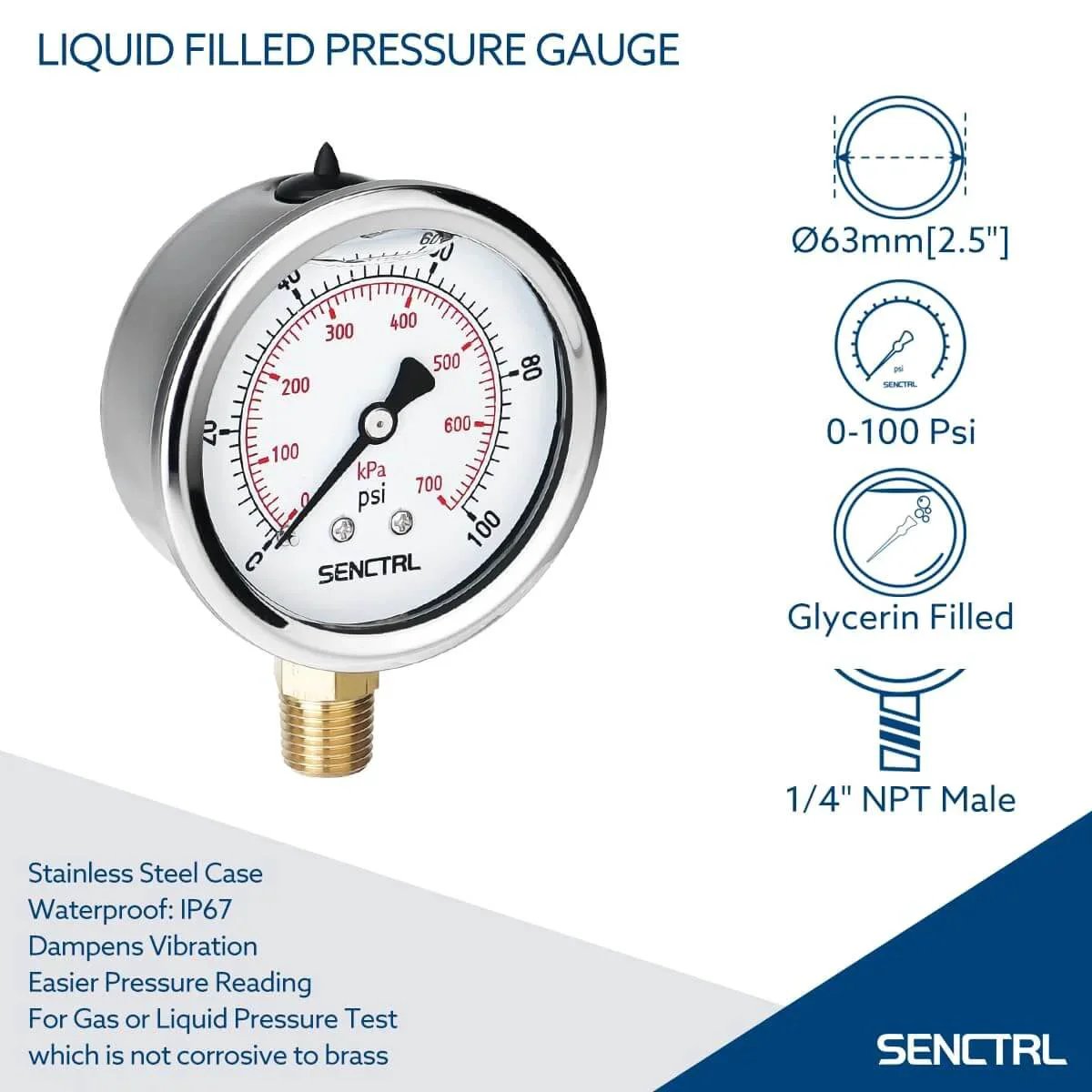 0-100 Psi Glycerin Liquid Filled Low Pressure Gauge, 2.5" Dial with Stainless Steel Case and 1/4" NPT Lower Mount for Pneumatic Use