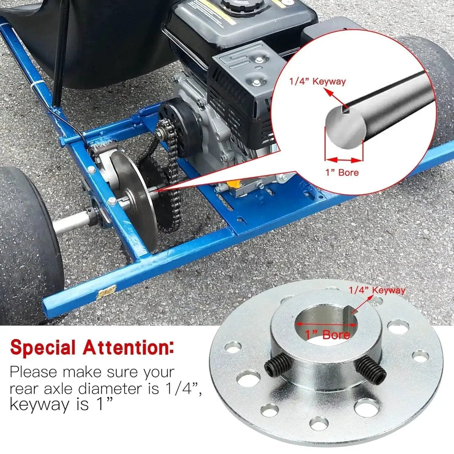 Rear Steel Sprocket Drum Brake Hub With One Inch Bore And One Quarter Inch Keyway Plus Hardware Kit For Predator 212cc And 196cc Go Karts