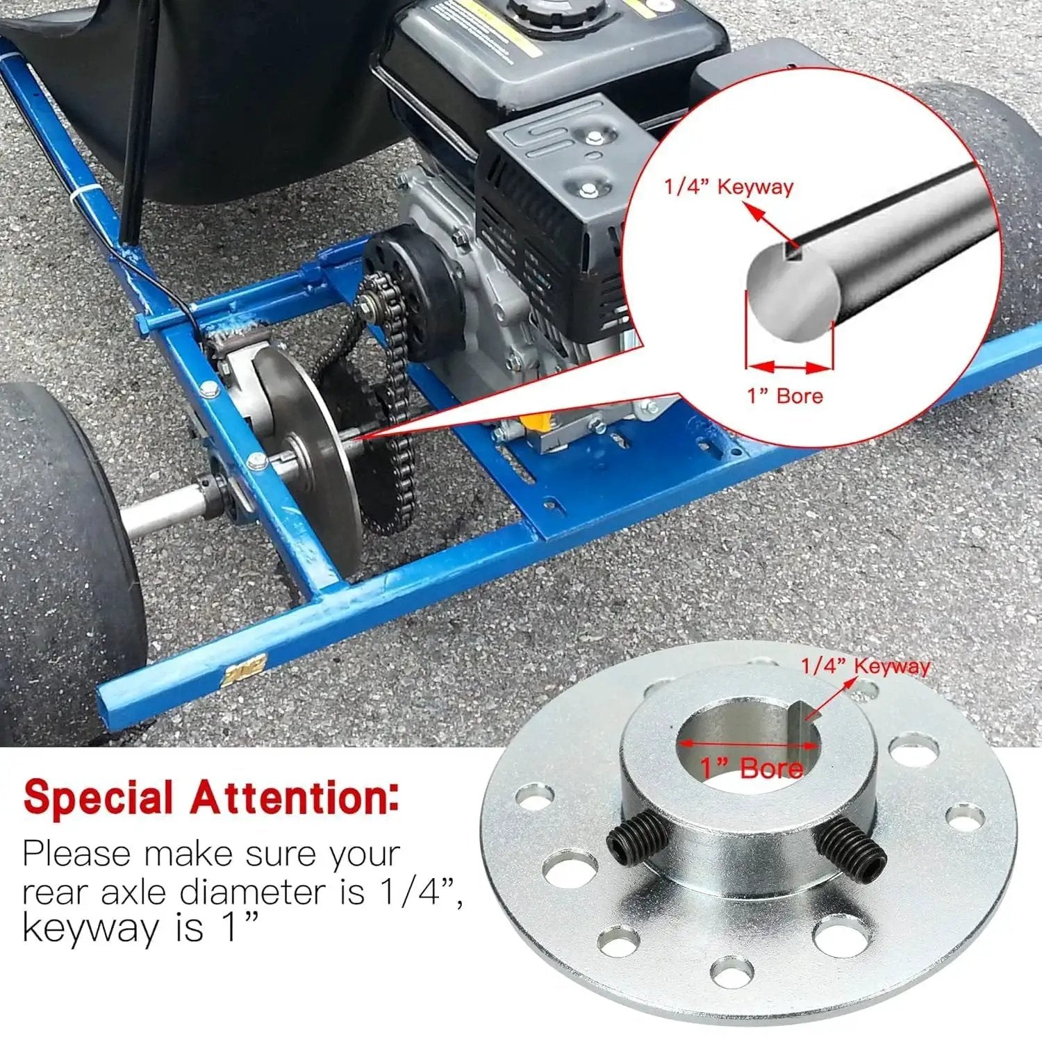 Rear Steel Sprocket Drum Brake Hub With One Inch Bore And One Quarter Inch Keyway Plus Hardware Kit For Predator 212cc And 196cc Go Karts