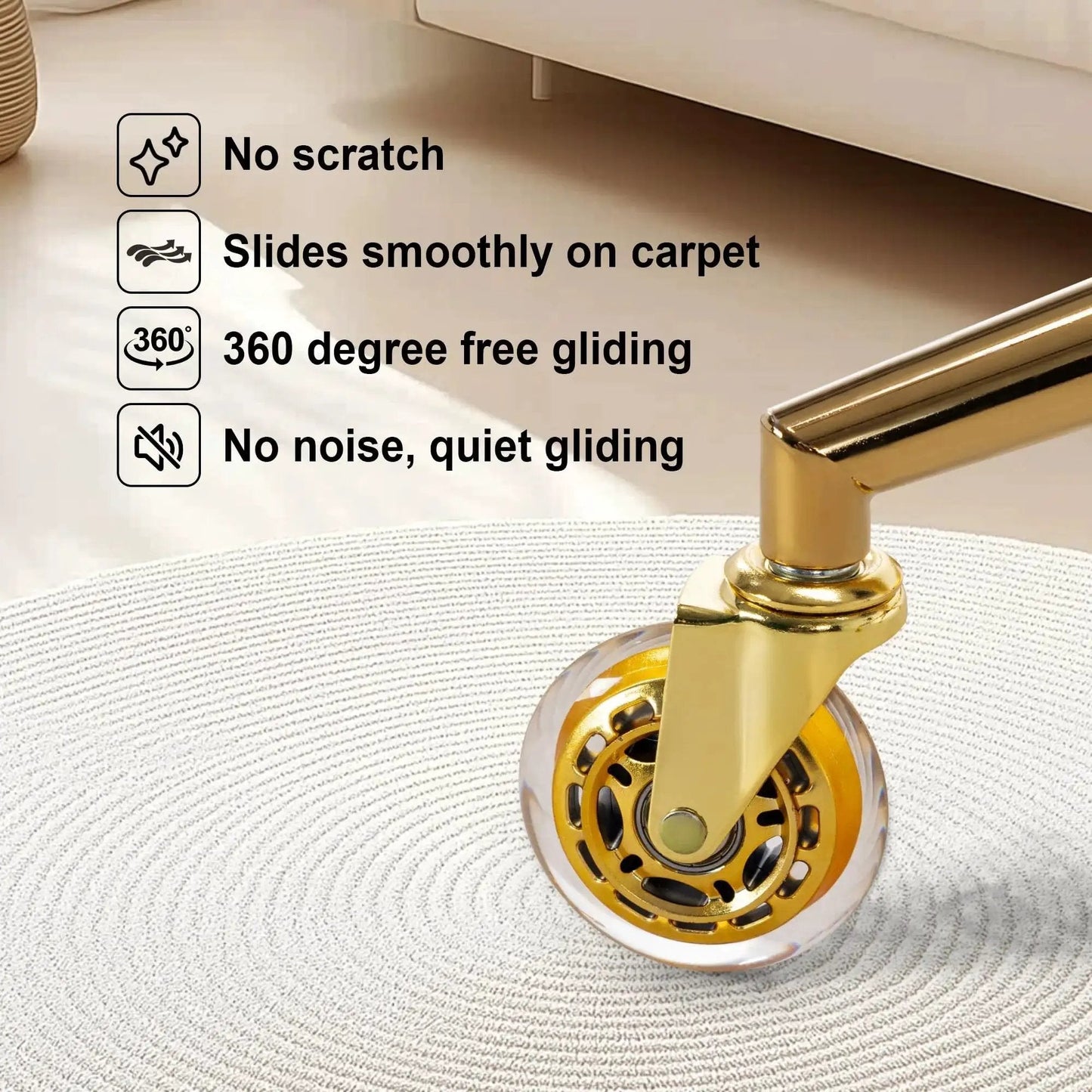 Close-up of gold tone caster wheel from Metal Base Replacement Set For Office And Gaming Chairs on carpet, details included.