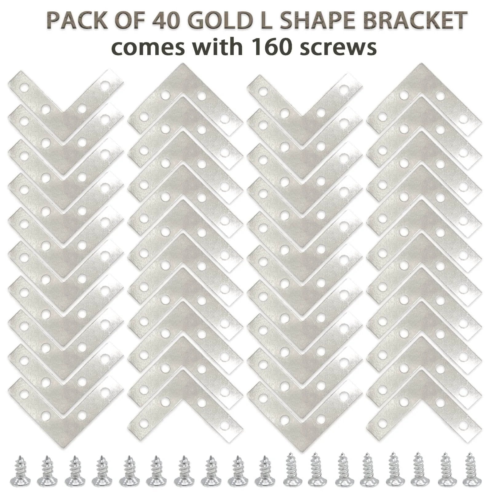 40 Pack Silver L Corner Brackets with screws, 1.5x1.5 inch, for wood and metal furniture and shelf support, shown in packaging.