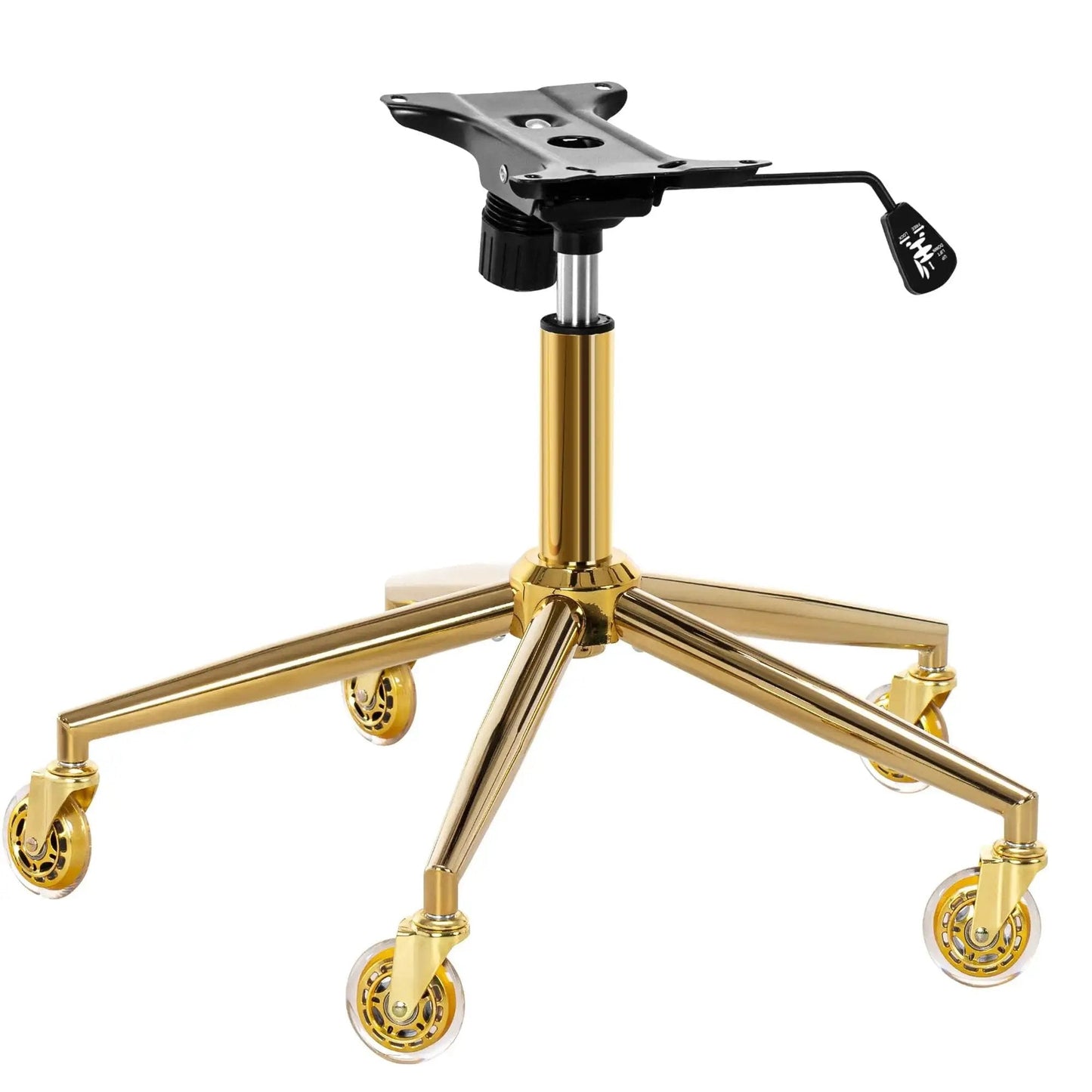 Metal Base Replacement Set For Office And Gaming Chairs With Bottom Plate Stand Cylinder And Five Durable Rubber Caster Wheels Designed For Heavy Duty Stable Gold Tone Base Smooth Quiet Rolling With Precision Bearings And Universal Fit Easy Install.