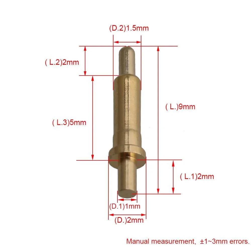 Diagram of 100Piece Gold Plated Spring Loaded Probe Thimble Pogo Pin 2mm Pin with labeled measurements