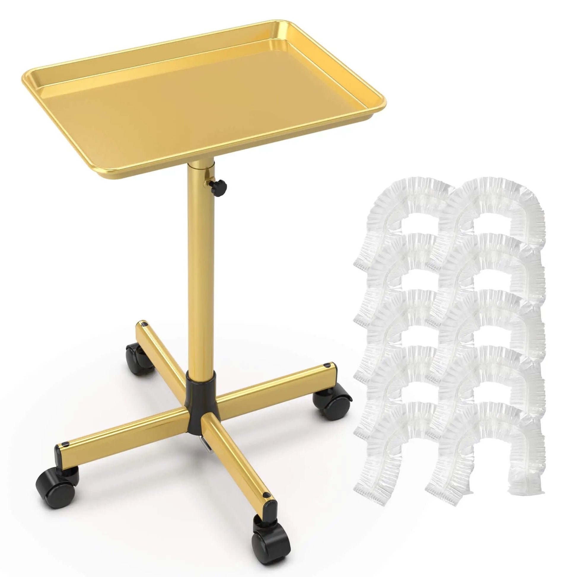 Gold Rolling Salon Cart On Wheels Mobile Styling Station For Hairstylists Aluminum Tray Cart Adjustable Height Spacious Top Surface With Locking Casters Includes 10 Disposable Salon Tray Covers