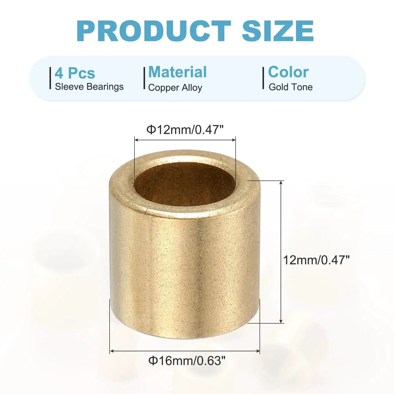 Self-Lubricating Brass Sleeve Bearings 12mm Bore 16mm OD 12mm Length gold tone shown with measurements and material details
