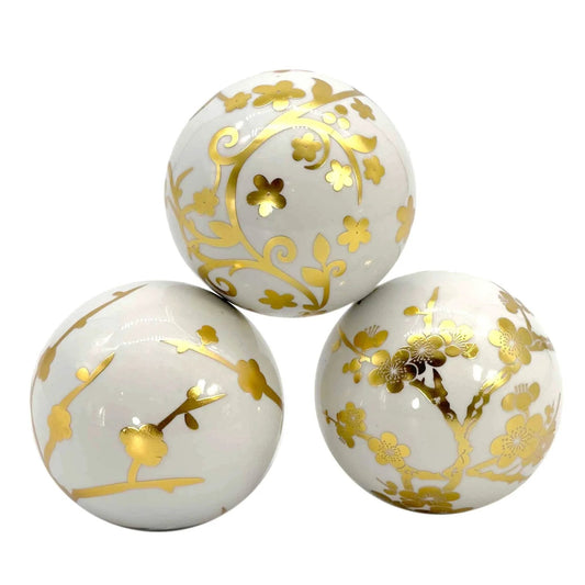 4" Gold & White Floral Chinoiserie Ceramic Ball - 3Pack - Decorative Ball Vase Bowl Filler