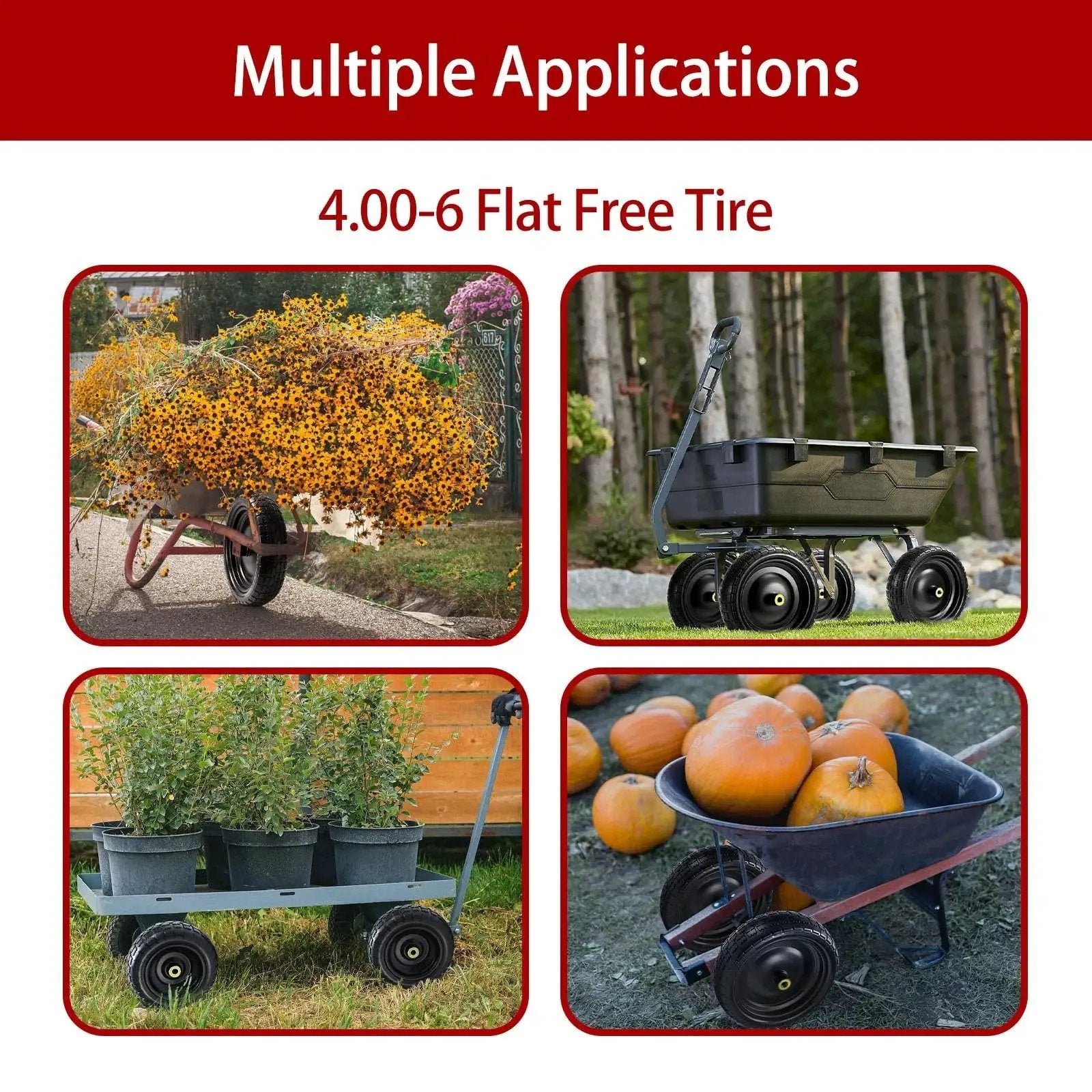 Four carts displaying 13 Inch Flat Free Solid Tire And Wheel For Gorilla Cart Wagon And Wheelbarrow 4.00-6 Size with 5/8 Inch Bearings.