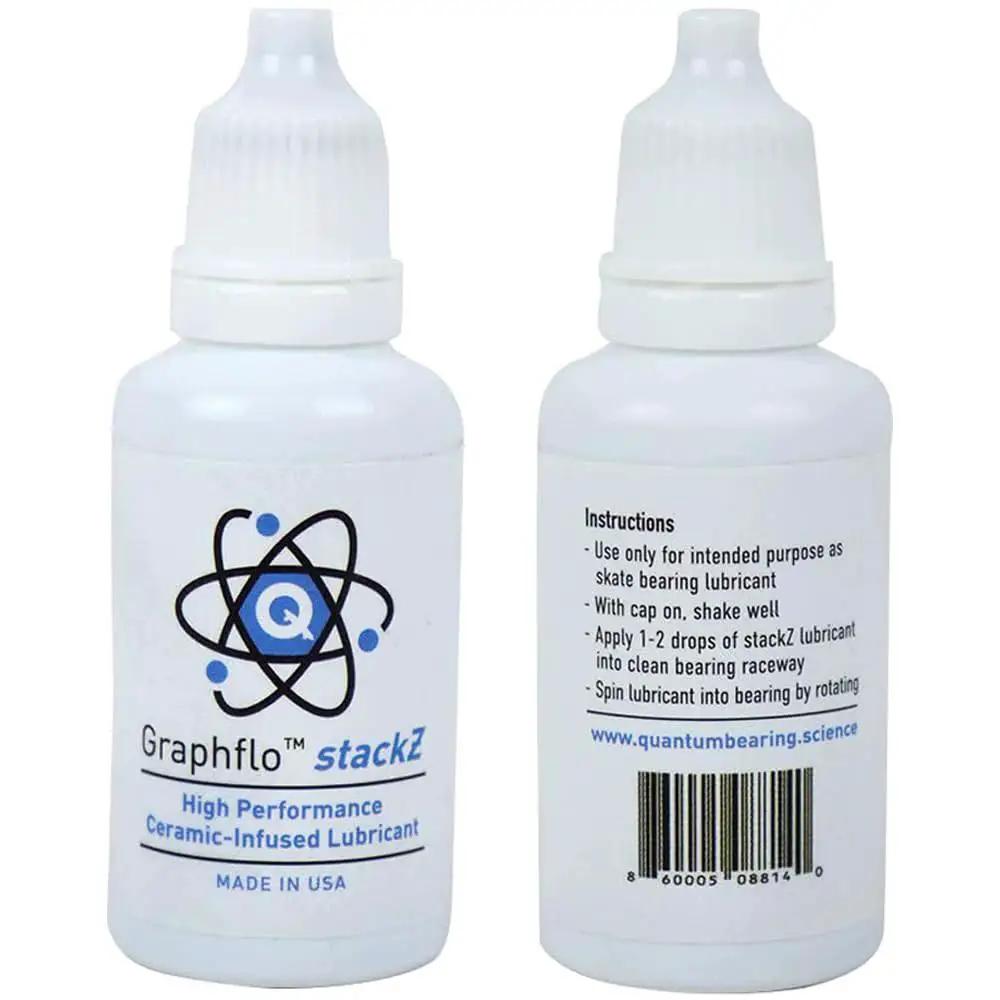 Front and back view of Graphflo Stackz cream lubricant, used with Metallics Series Bearings Pack Of 8 with Stackz Graphflo Cream Made In The USA Pro Grade High Precision Chrome Steel Inner Outer Rings Diamond Polished Raceways And Rolling Elements High Strength Thermoplastic Cage For Durable Performance.