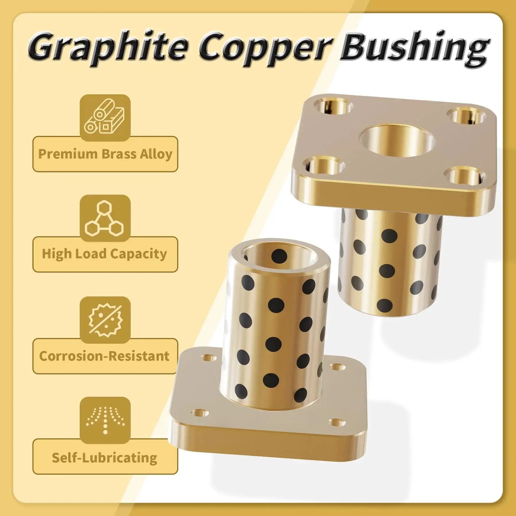 Two Pieces Brass Graphite Wrapped Oilless Sleeve Bearings Square Flanged Bushing With 8mm ID, 12mm OD, 30mm Length, Flange Diameter 27mm