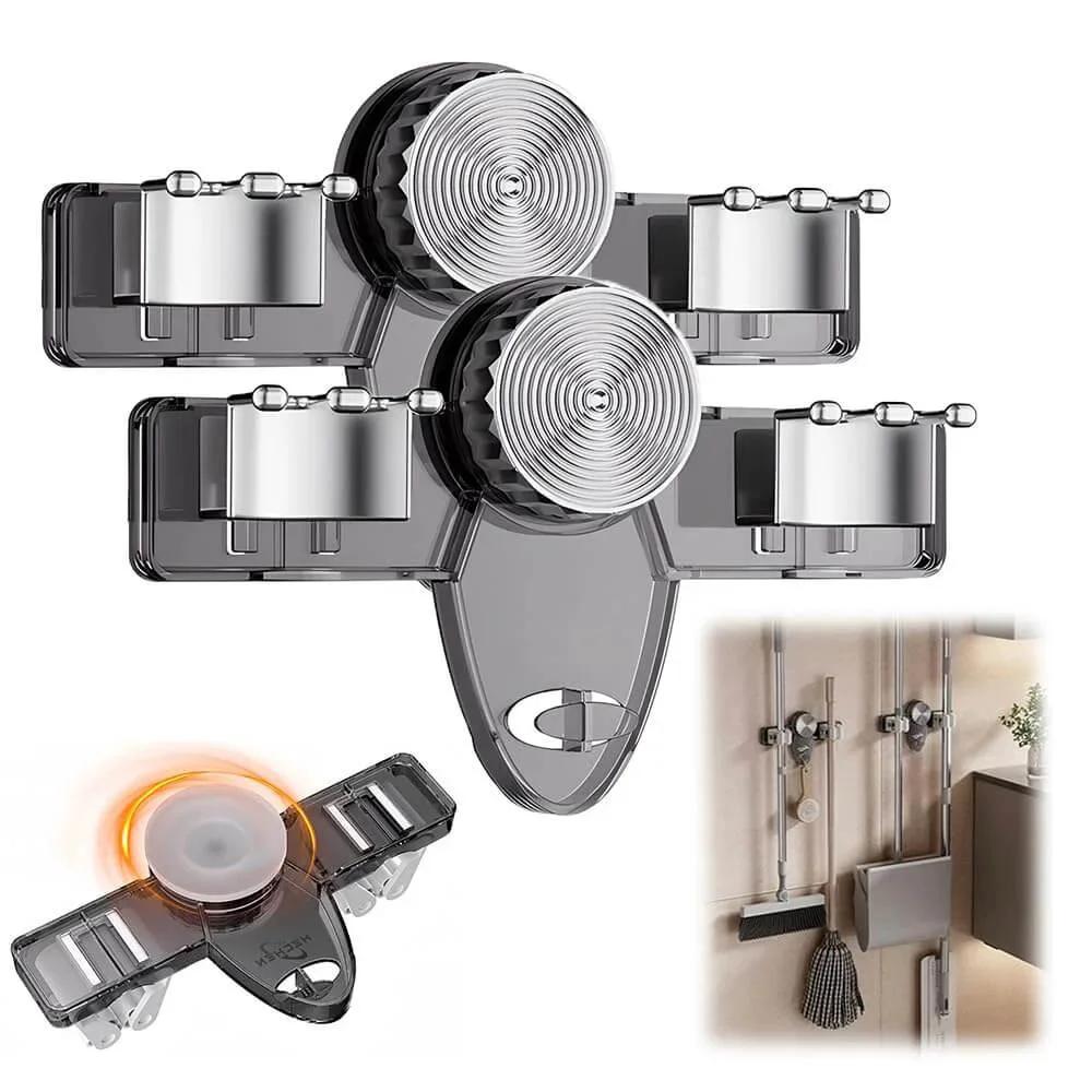 Broom Holder Mop Hanger, 2026 New No punching required Broom Hanger Organizer, gray, installed in bathroom, garage storage, 2PCS