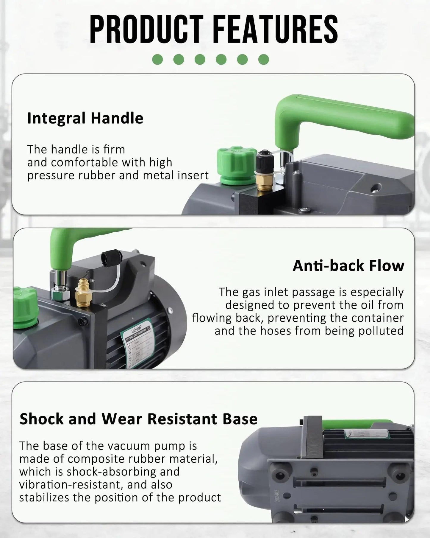 Heavy Duty Four Point Five CFM HVAC Vacuum Pump With One Third Horsepower Motor features like integral handle and anti-back flow