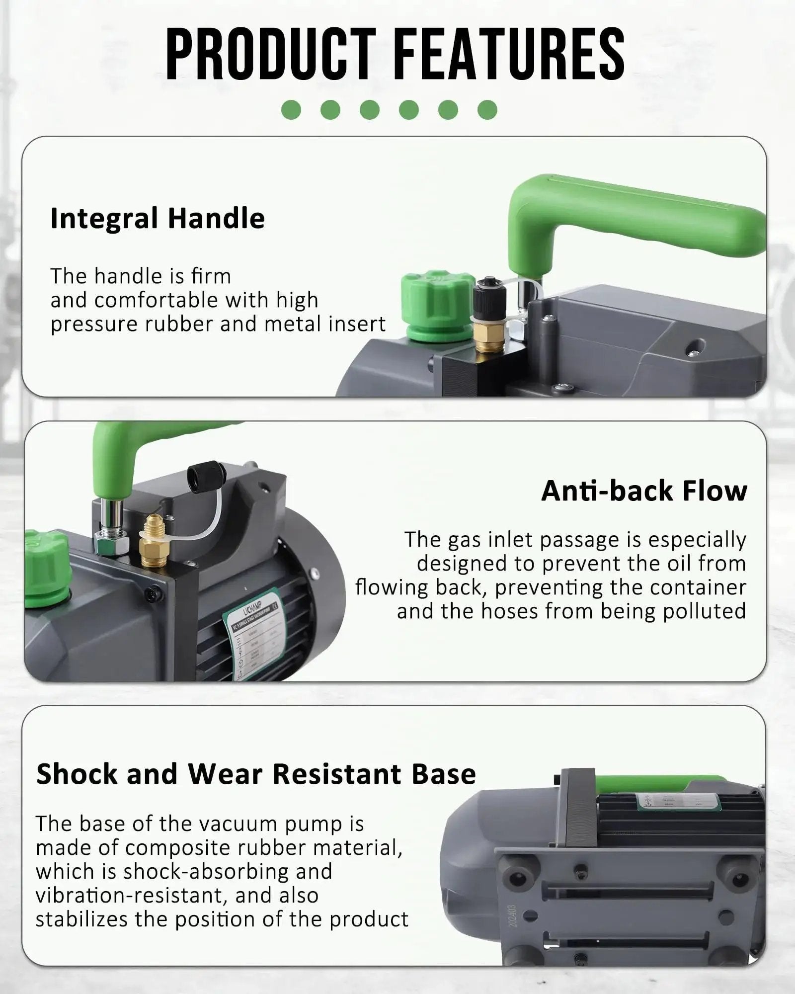 Heavy Duty Four Point Five CFM HVAC Vacuum Pump With One Third Horsepower Motor features like integral handle and anti-back flow