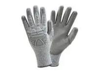 Gray industrial safety gloves with textured grip, front and back view showing protective design on fingers and palm.