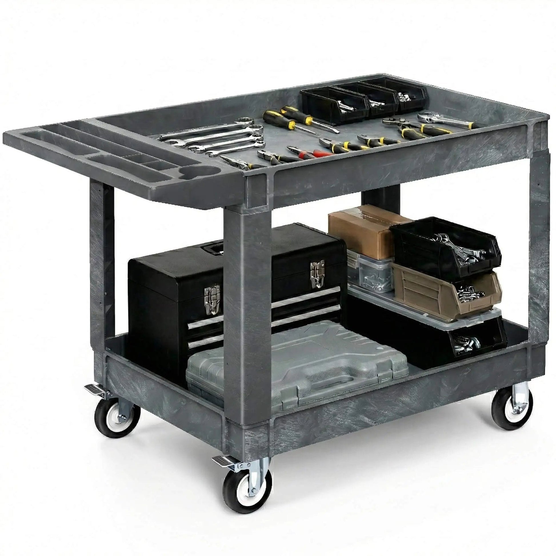 Heavy Duty 2 Tier Plastic Utility Cart With Deep Shelves And 360 Degree Swivel Wheels For Garage Warehouse Office And Cleaning Tasks 45 X 25 Inch Gray with tools and boxes