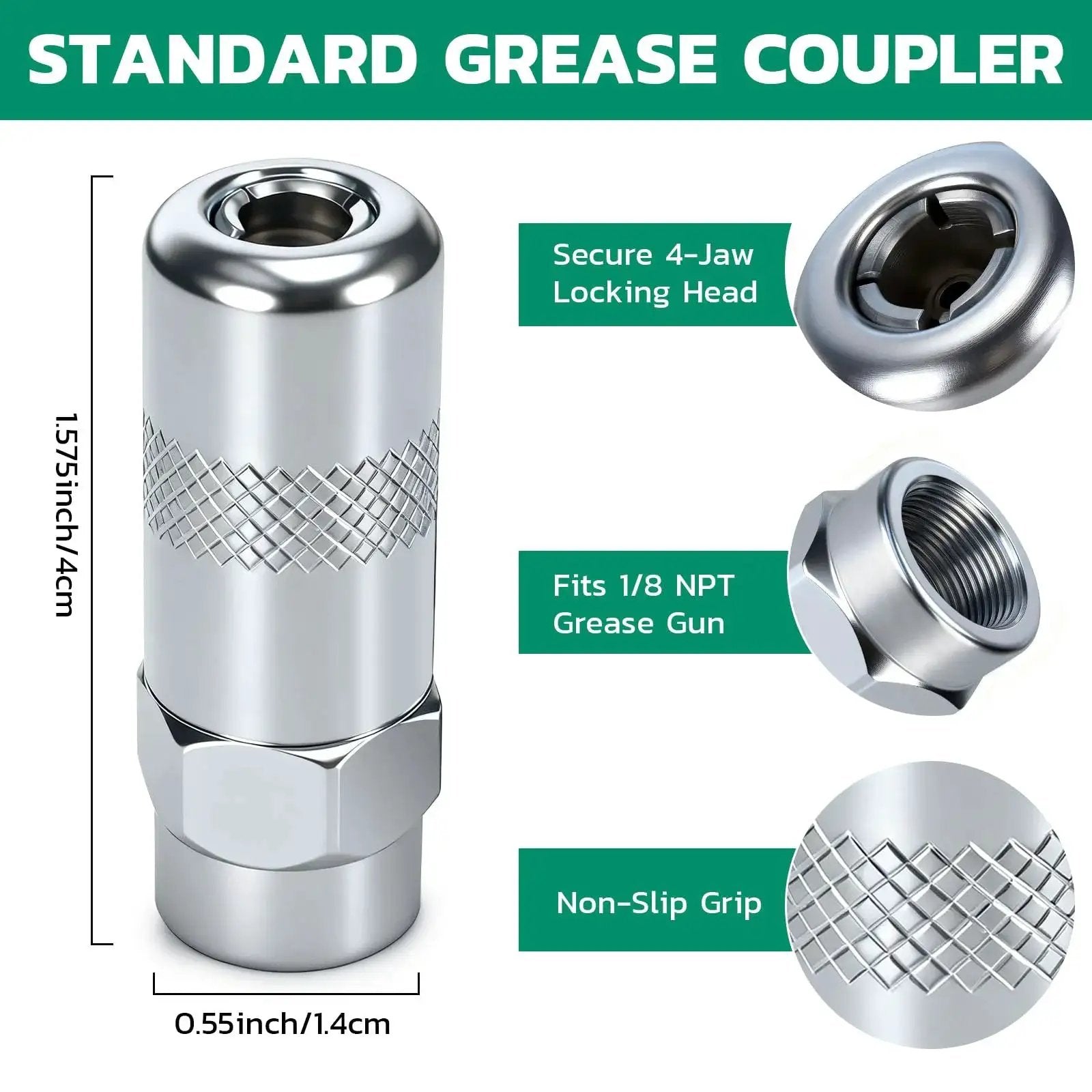 Standard grease coupler for 1/8 NPT grease gun, featuring secure 4-jaw locking head and non-slip grip, part of grease fittings kit