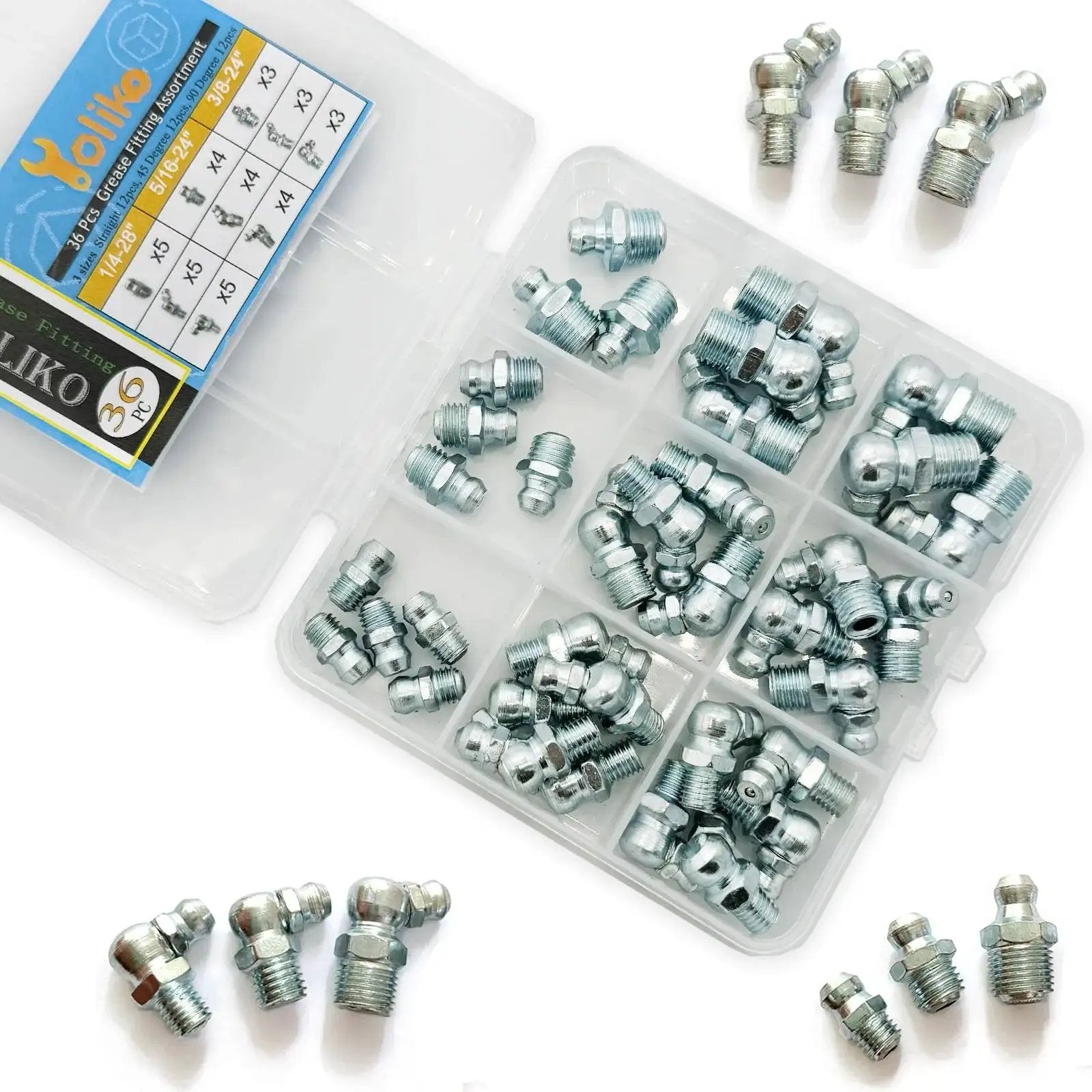 Versatile Pro Grade Grease Fitting Assortment For Industrial And Agricultural Machinery 36 pieces with straight, angled zerk fittings
