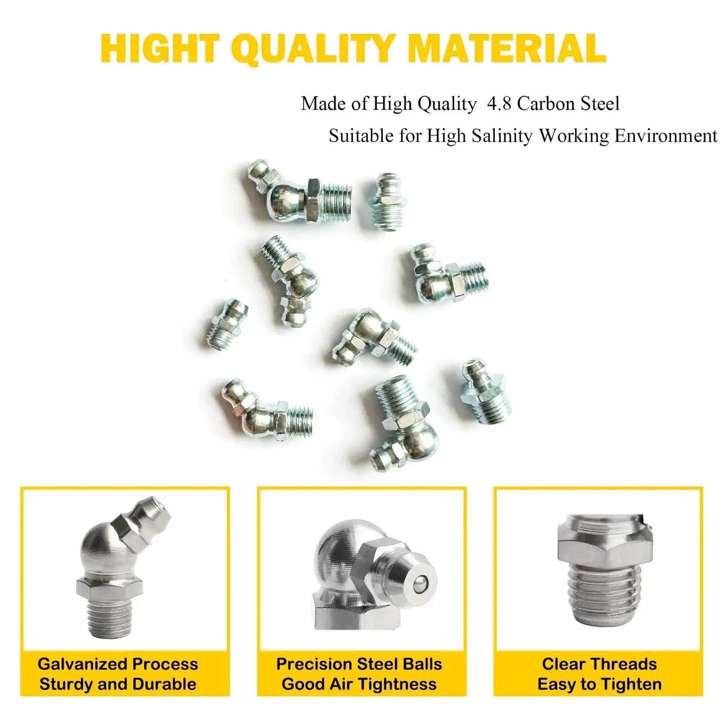 Versatile Pro Grade Grease Fitting Assortment for Industrial and Agricultural Machinery, variety of steel zerk fittings on display