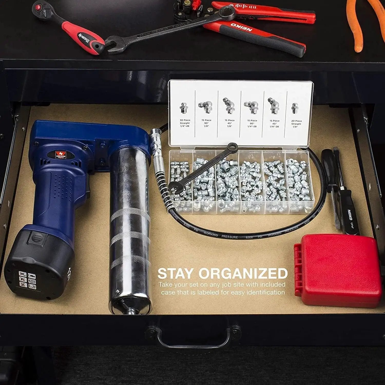Grease Fitting Assortment Kit For Angled And Straight Zerks, 110 Pieces SAE A3 Steel Fittings organized in a tool drawer with grease gun