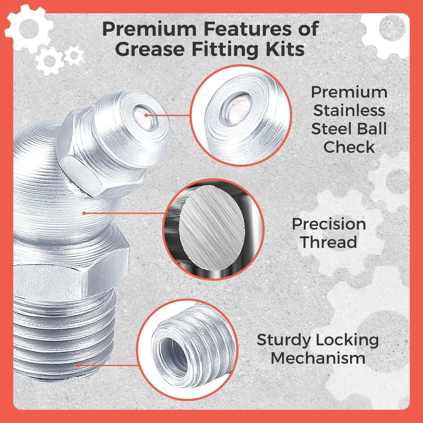 Close-up of grease fitting showing premium stainless steel ball check, precision thread, and sturdy locking mechanism features.